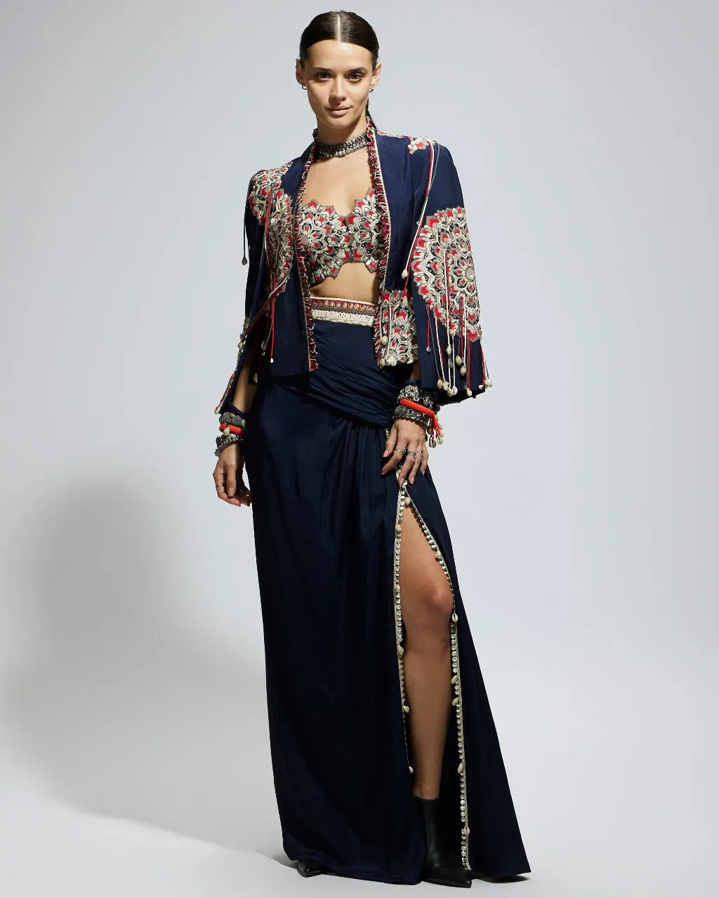 Blue Asymmetric Embellished Jacket With Slit Skirt Set