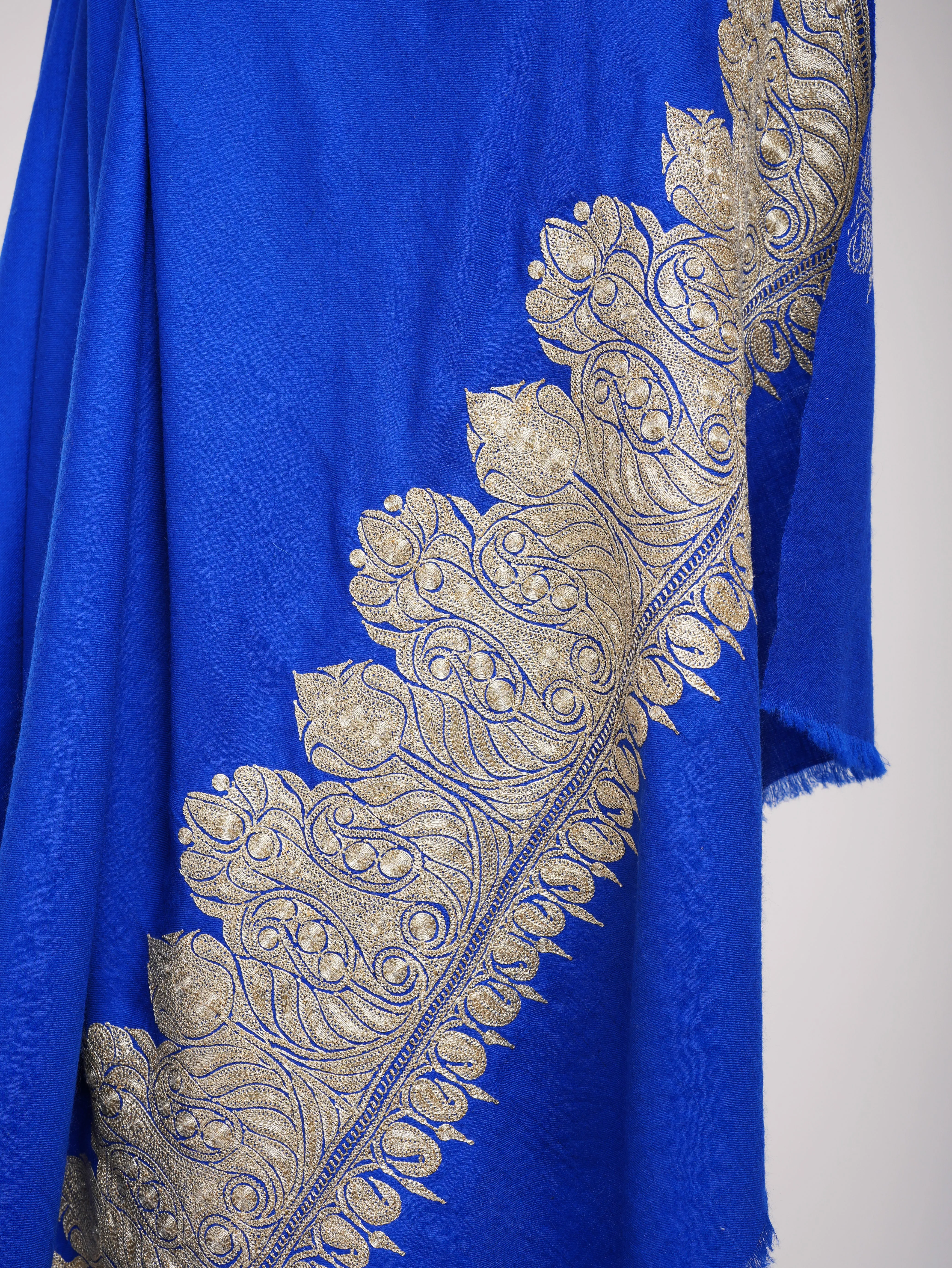 Blue Pashmina Shawl with Water Gold tilla Embroidery.