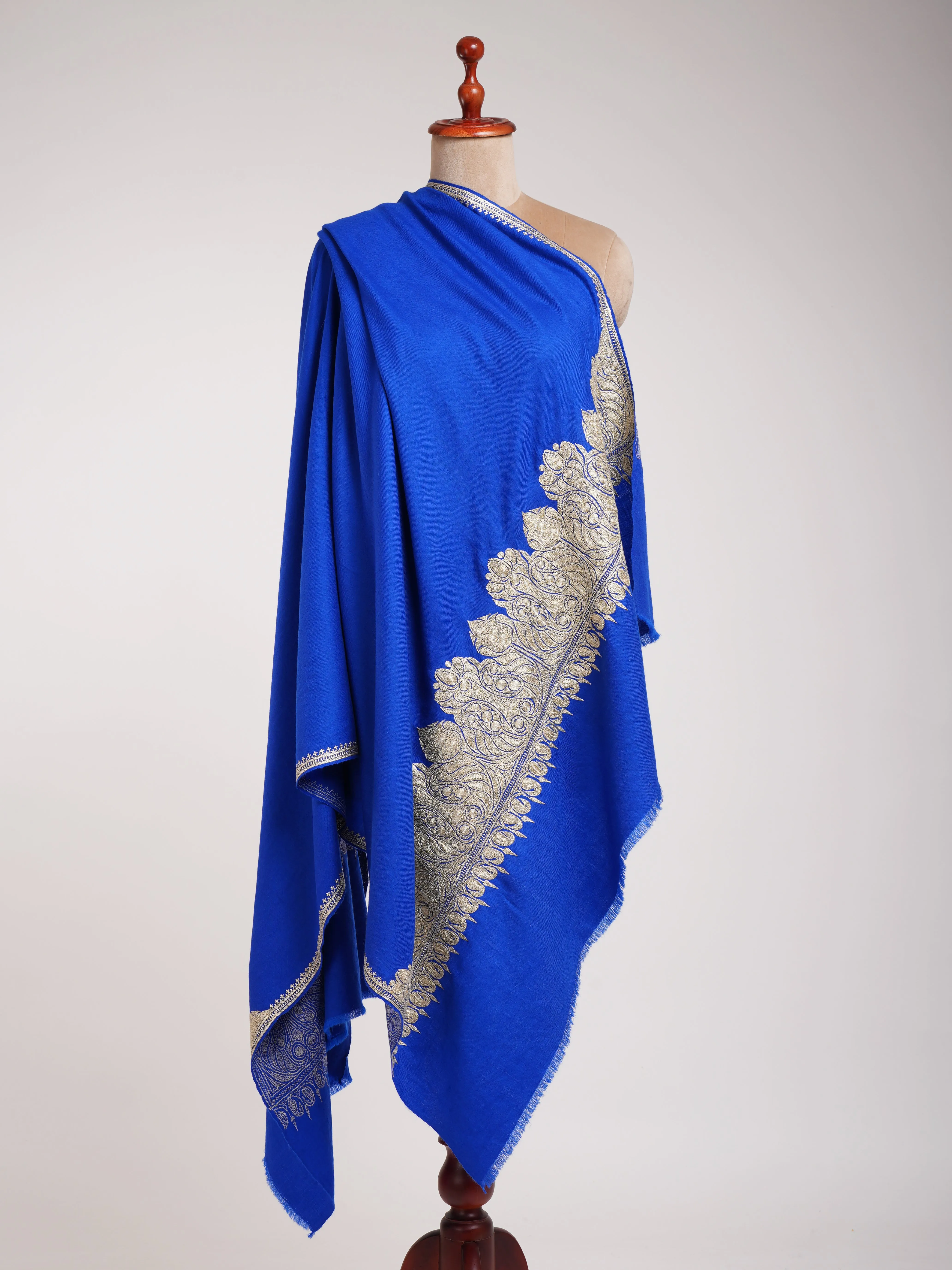 Blue Pashmina Shawl with Water Gold tilla Embroidery.