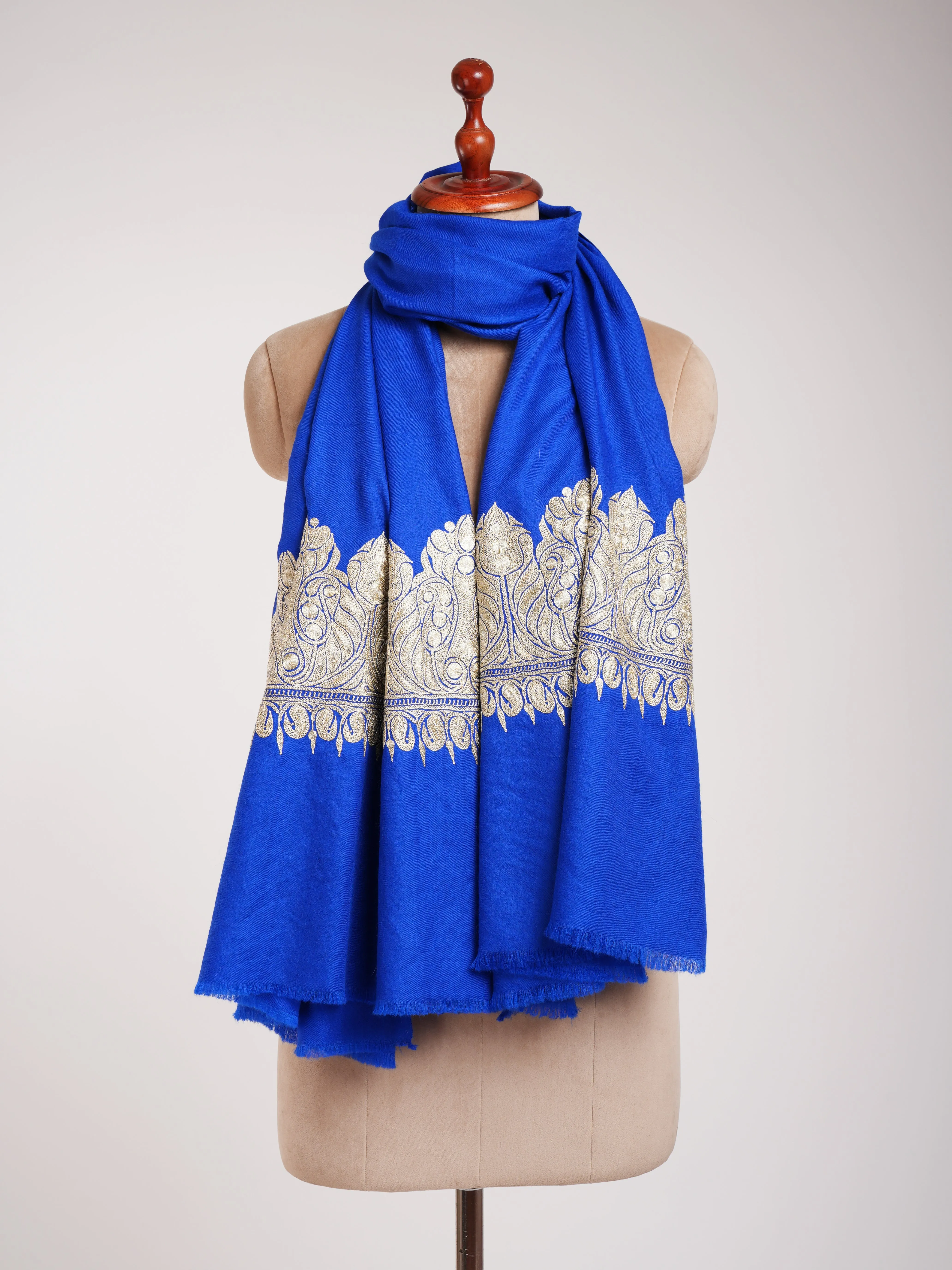 Blue Pashmina Shawl with Water Gold tilla Embroidery.