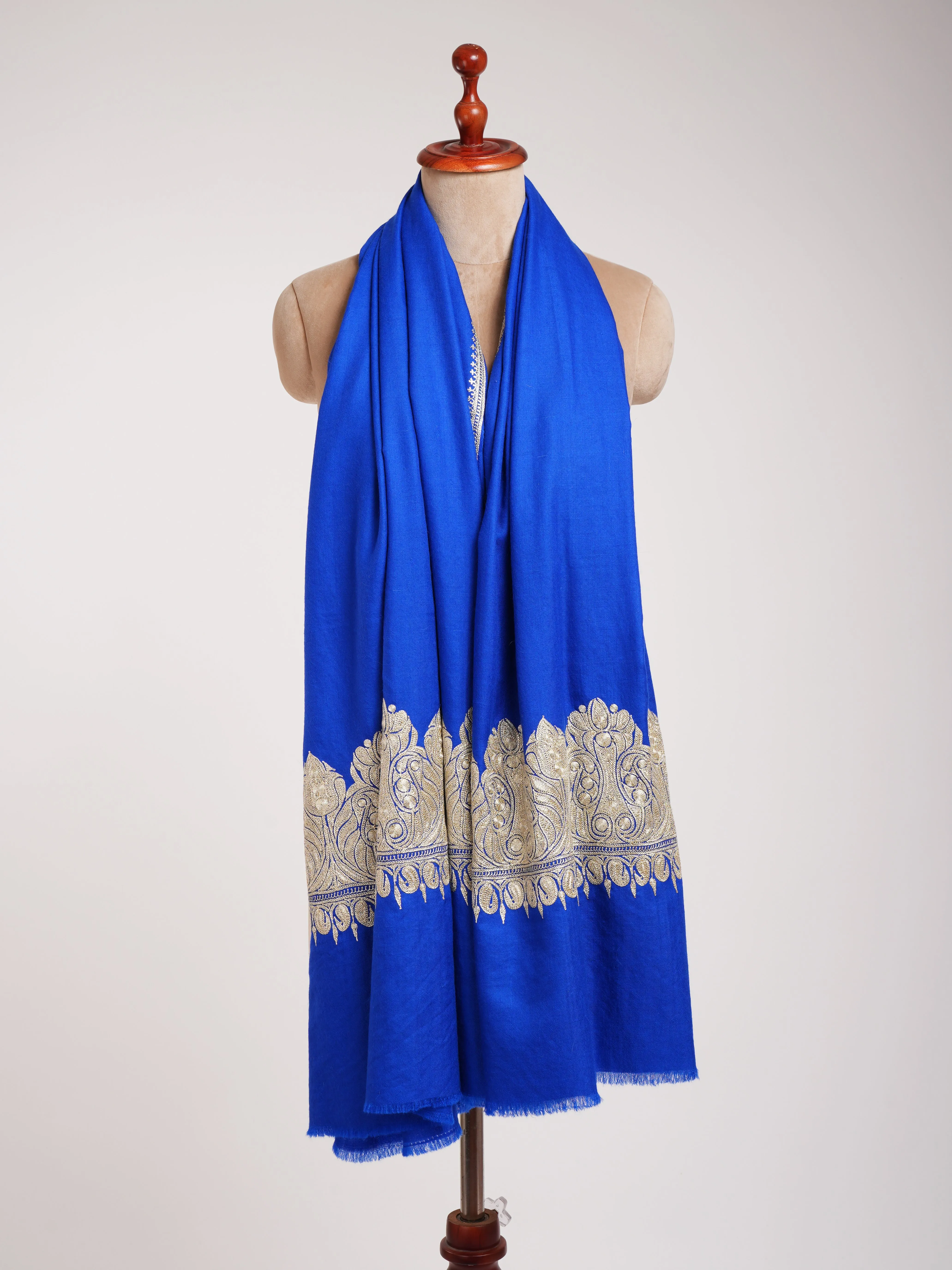 Blue Pashmina Shawl with Water Gold tilla Embroidery.