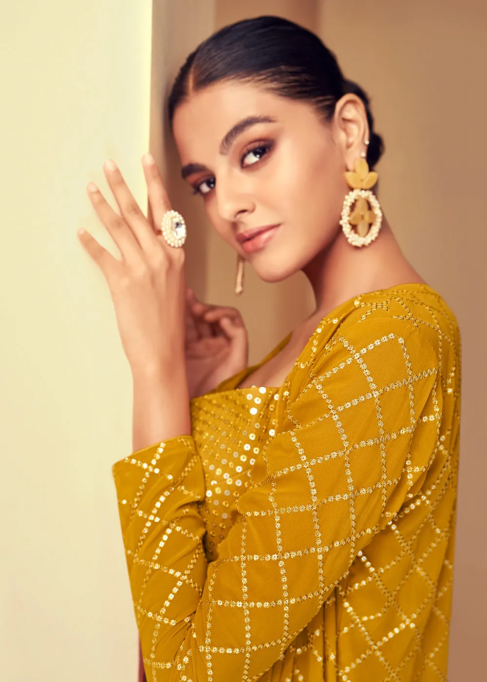 Bright Yellow Jacket Style Party Wear Indo Western Dress