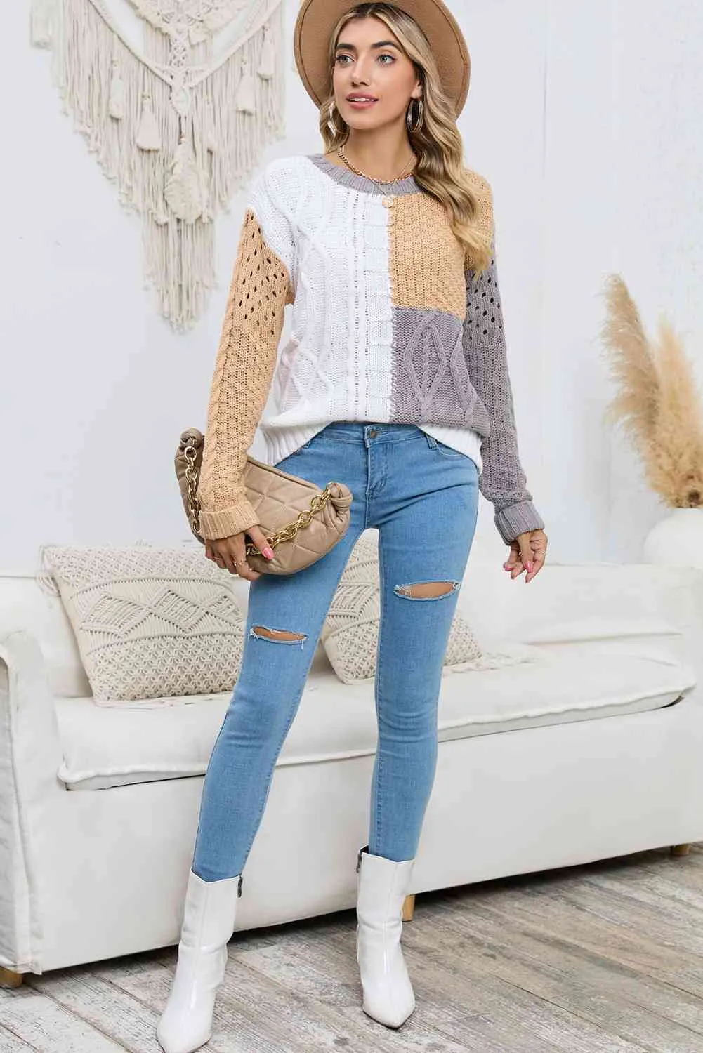 Cable-Knit Openwork Round Neck Color Block Sweater