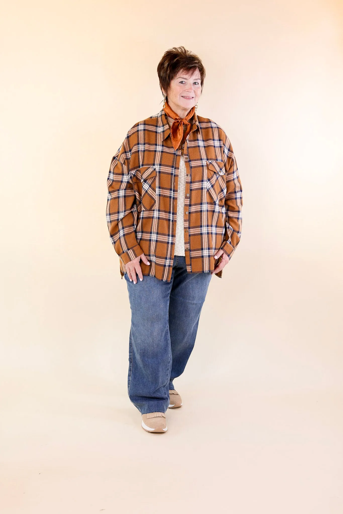 Cheery Mood Button Up Plaid Flannel Top in Camel Brown