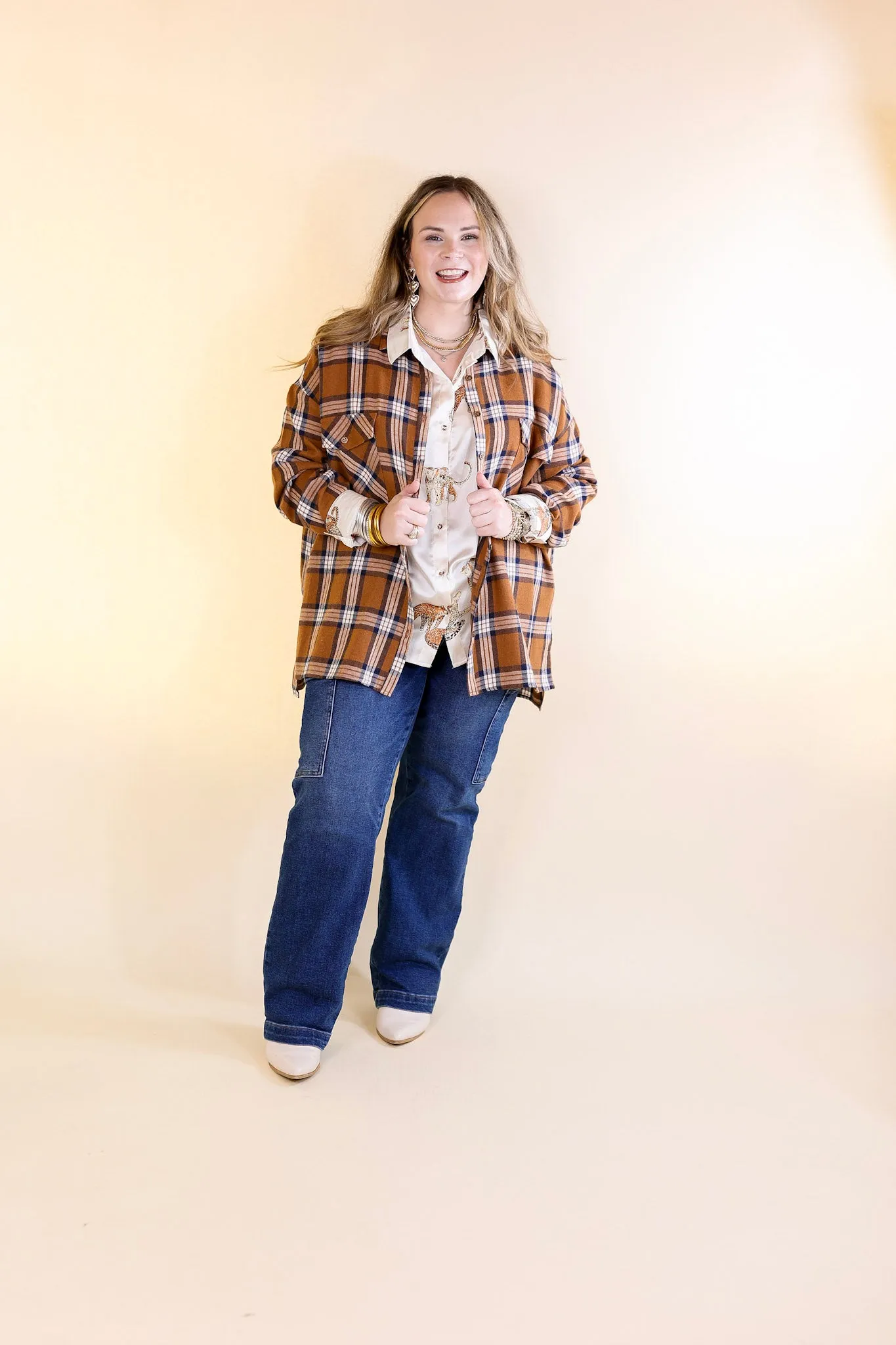 Cheery Mood Button Up Plaid Flannel Top in Camel Brown