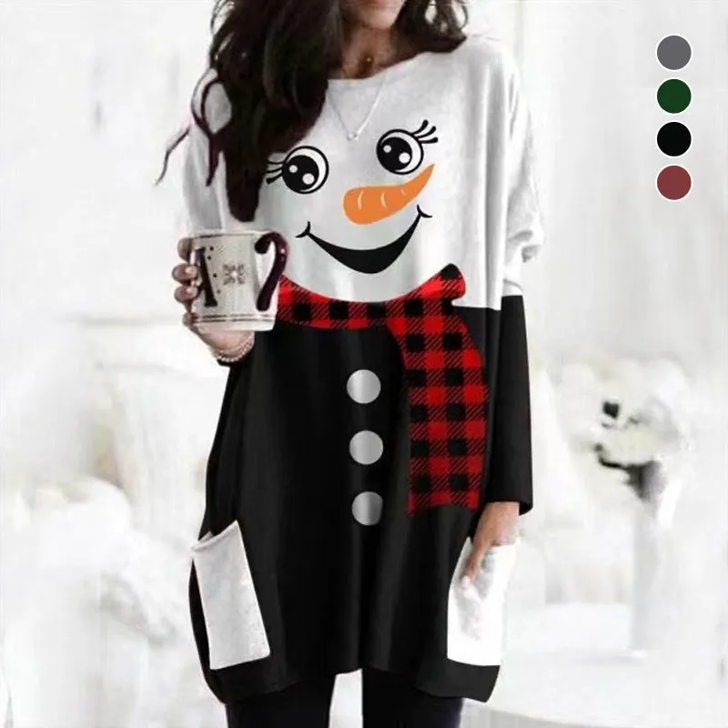 Christmas Snowman Print Long Sleeve Dress