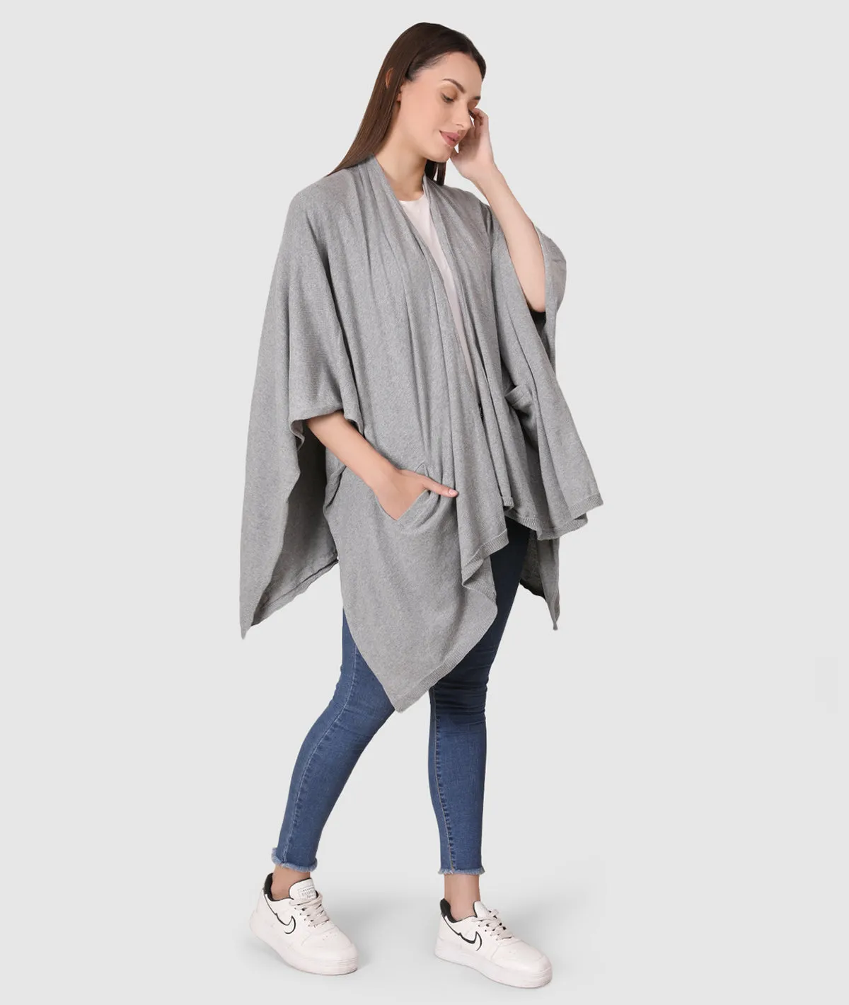 Classic Travel cape Wrap - Organic Cotton Knitted Light Weight Wrap in Pouch (Light Grey Melange )