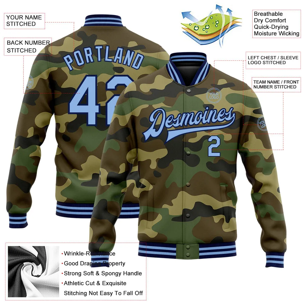 Custom Camo Light Blue-Navy Bomber Full-Snap Varsity Letterman Salute To Service Jacket