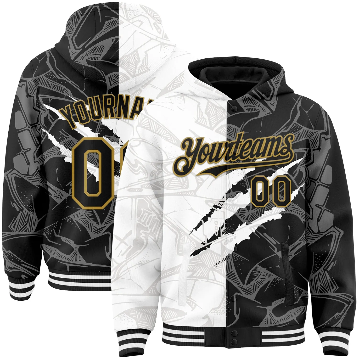 Custom Graffiti Pattern Black-Old Gold Scratch 3D Bomber Full-Snap Varsity Letterman Hoodie Jacket