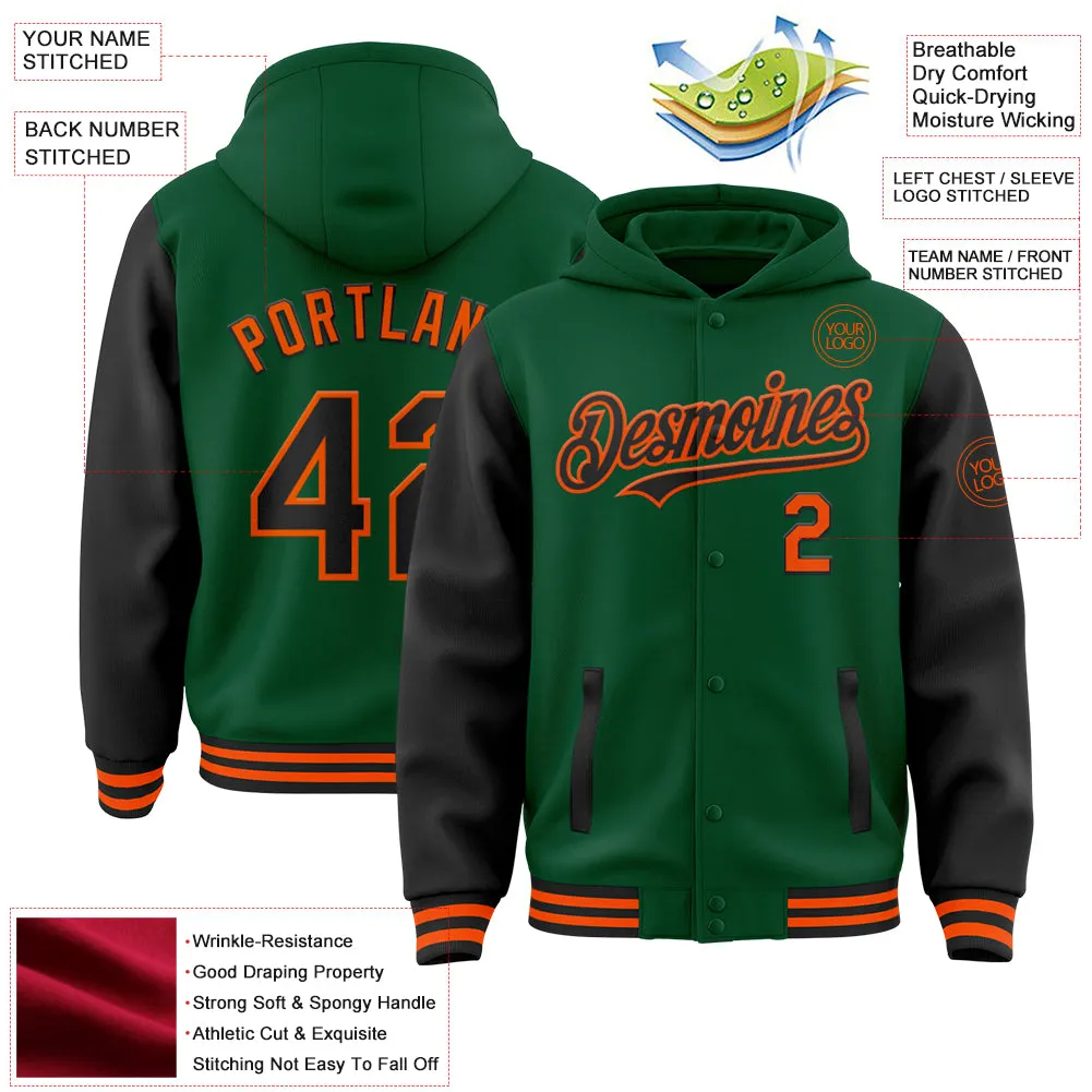 Custom Kelly Green Black-Orange Bomber Full-Snap Varsity Letterman Two Tone Hoodie Jacket