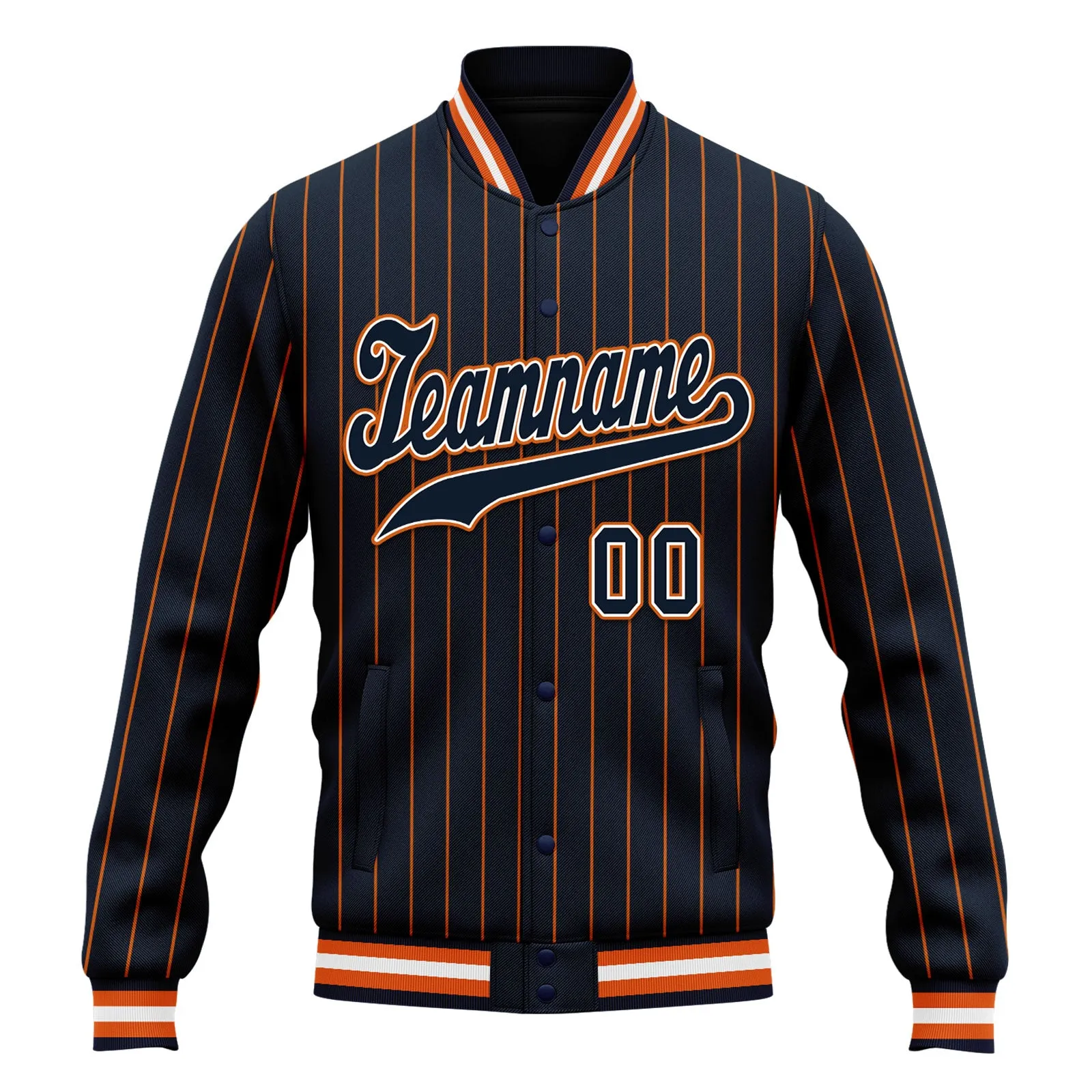 Custom Navy Orange Stripe Fashion Jacket Bomber Full-Snap Varsity Letterman Personalized Jacket FZ005-D020219-12