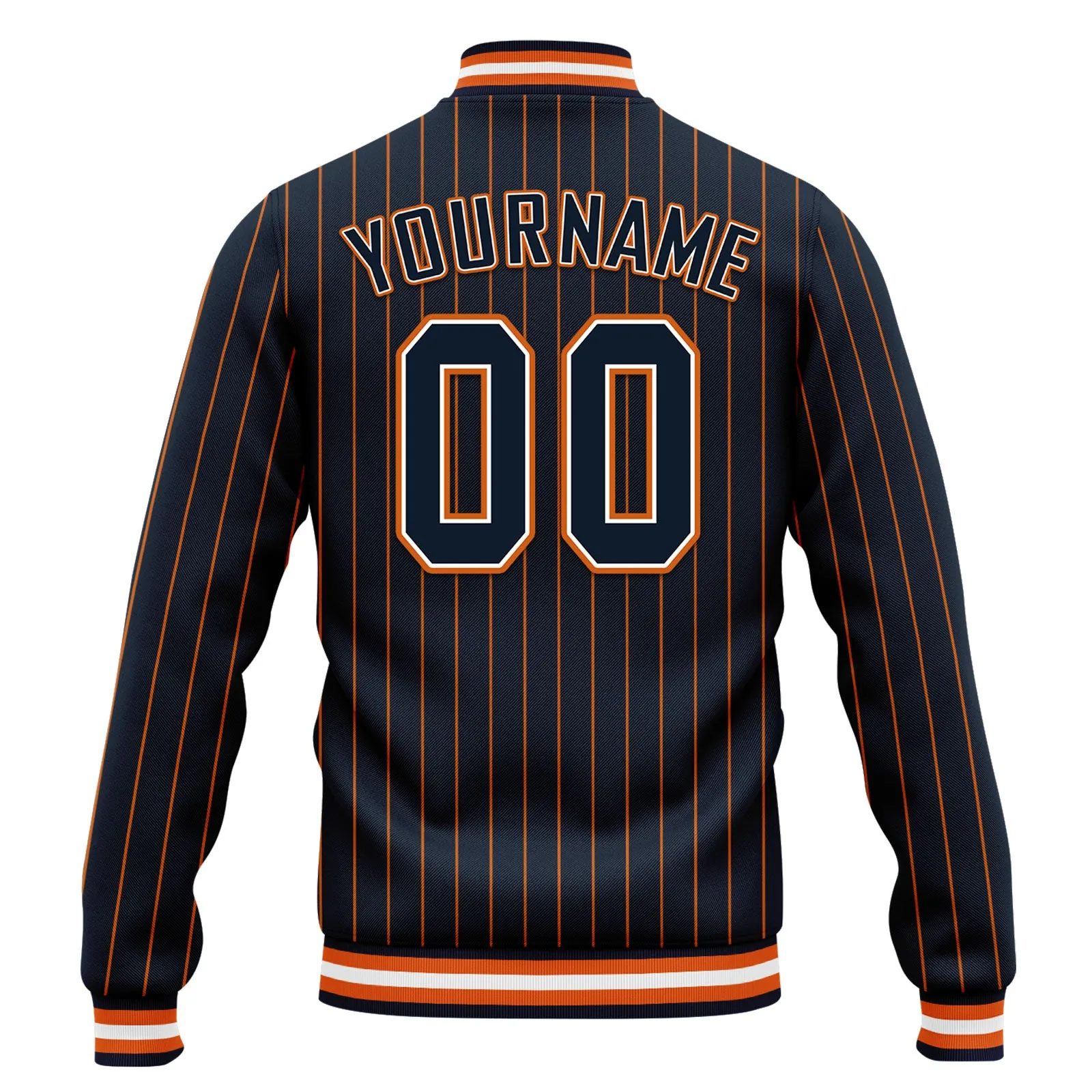 Custom Navy Orange Stripe Fashion Jacket Bomber Full-Snap Varsity Letterman Personalized Jacket FZ005-D020219-12