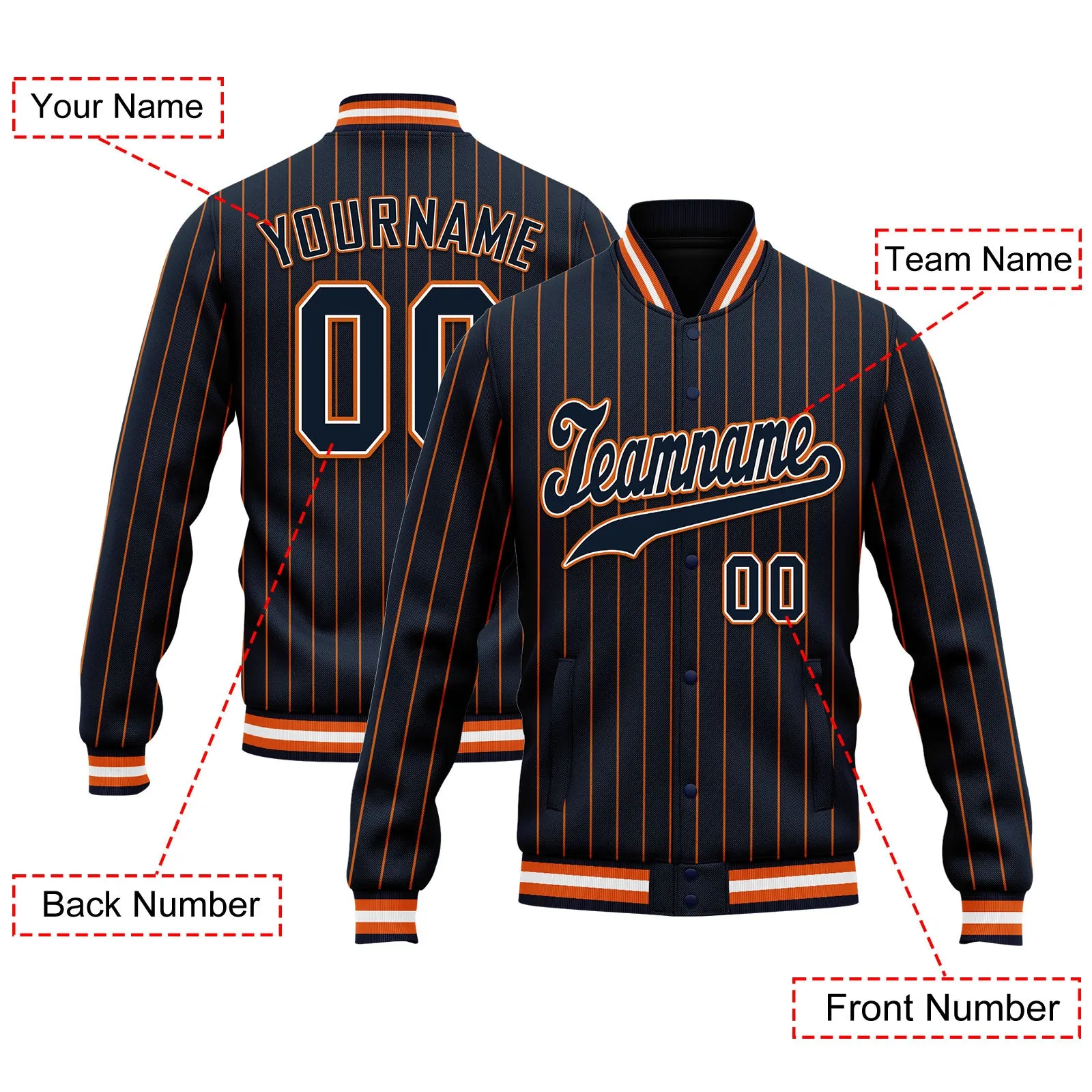 Custom Navy Orange Stripe Fashion Jacket Bomber Full-Snap Varsity Letterman Personalized Jacket FZ005-D020219-12