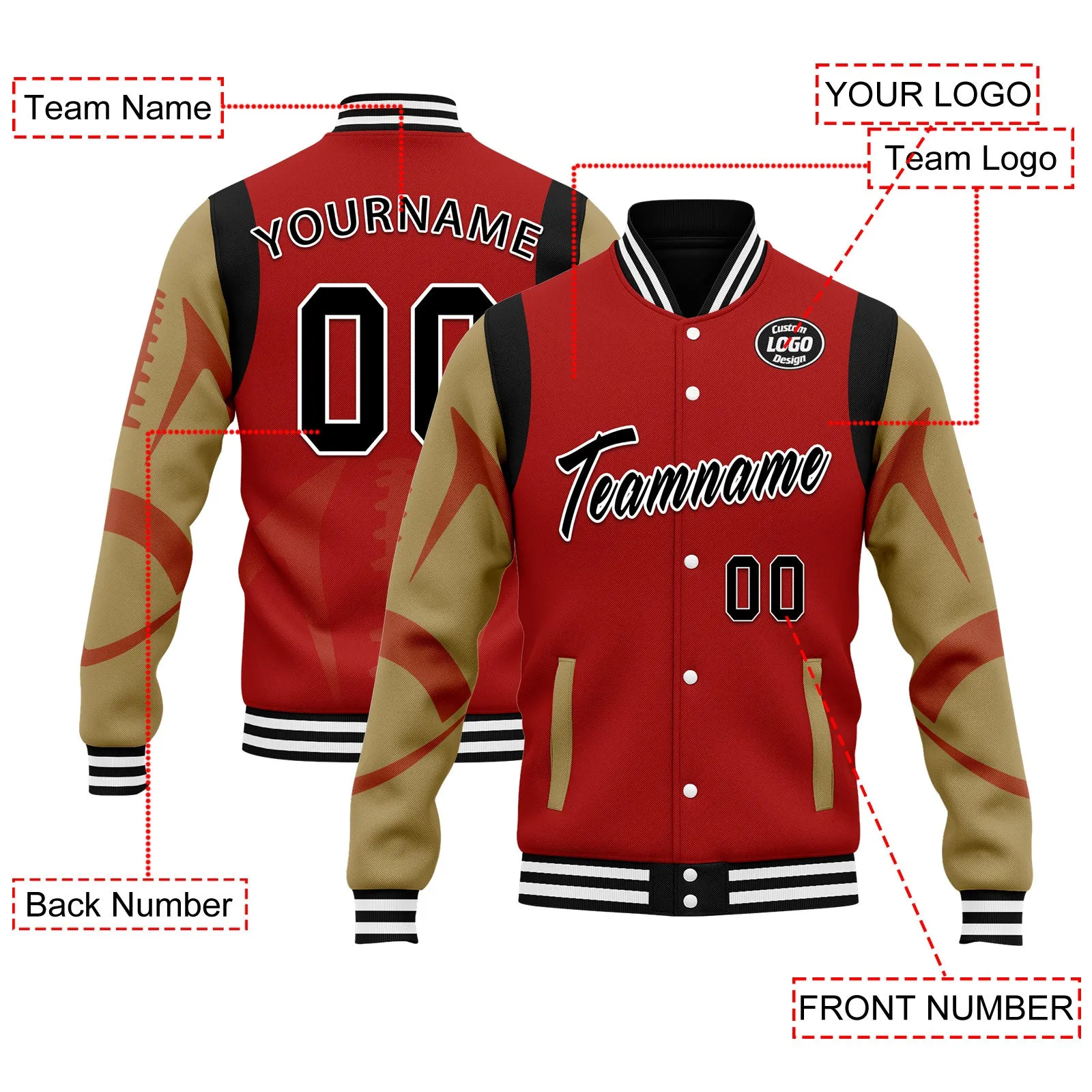 Custom Red San Francisco Jacket Bomber Full-Snap Varsity Letterman Personalized Jacket FZ005-D025004-22