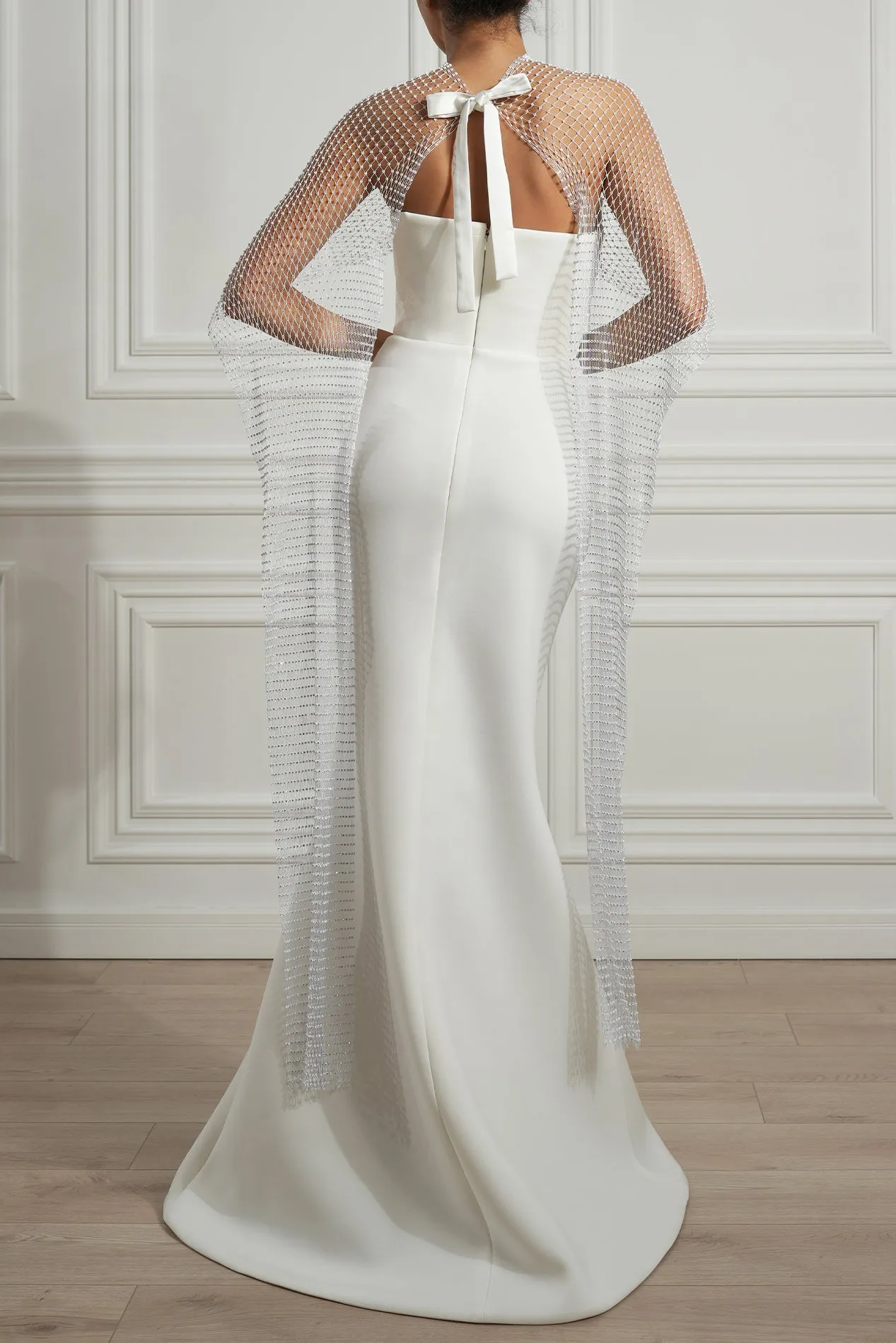 Detachable Crystal Cape In White