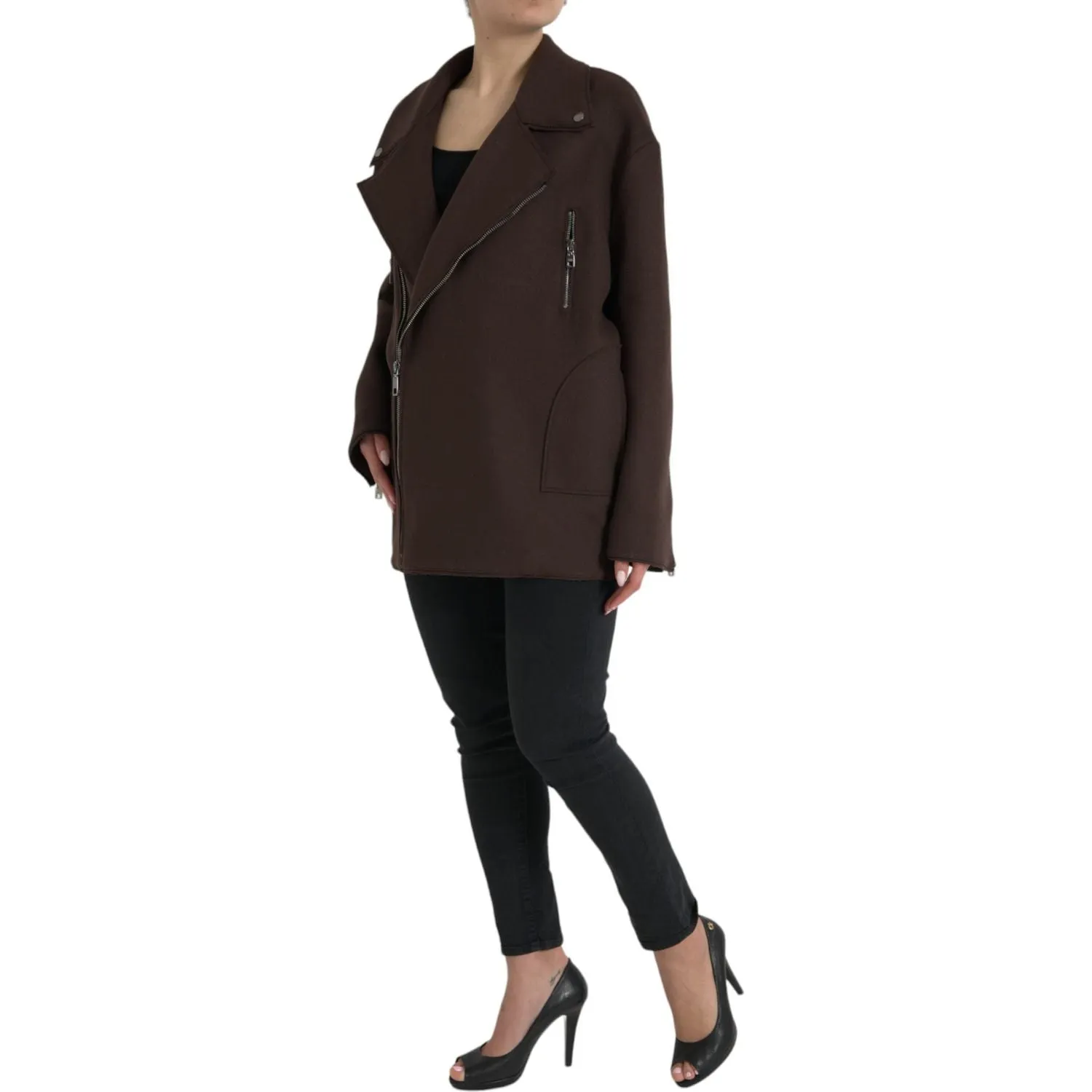 Dolce & Gabbana Brown Coat Short Biker Wool Jacket