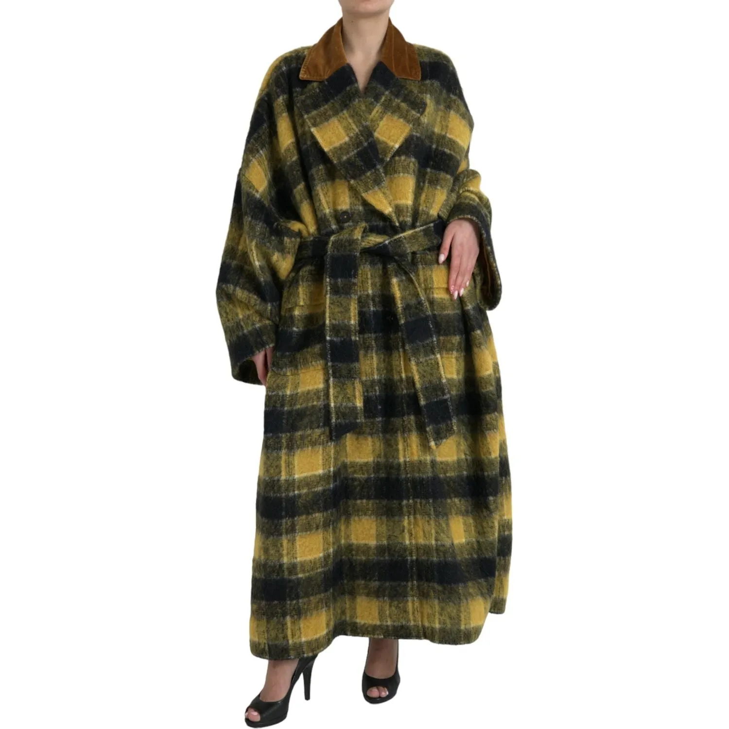 Dolce & Gabbana Chic Checkered Long Trench Coat in Sunny Yellow