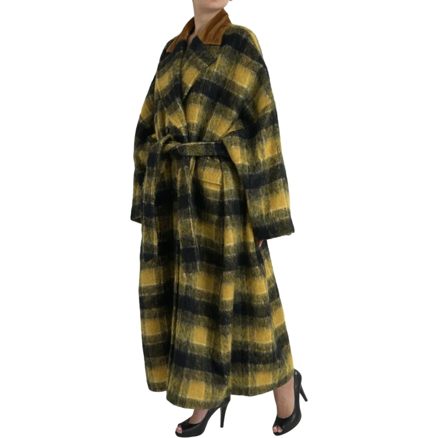 Dolce & Gabbana Chic Checkered Long Trench Coat in Sunny Yellow