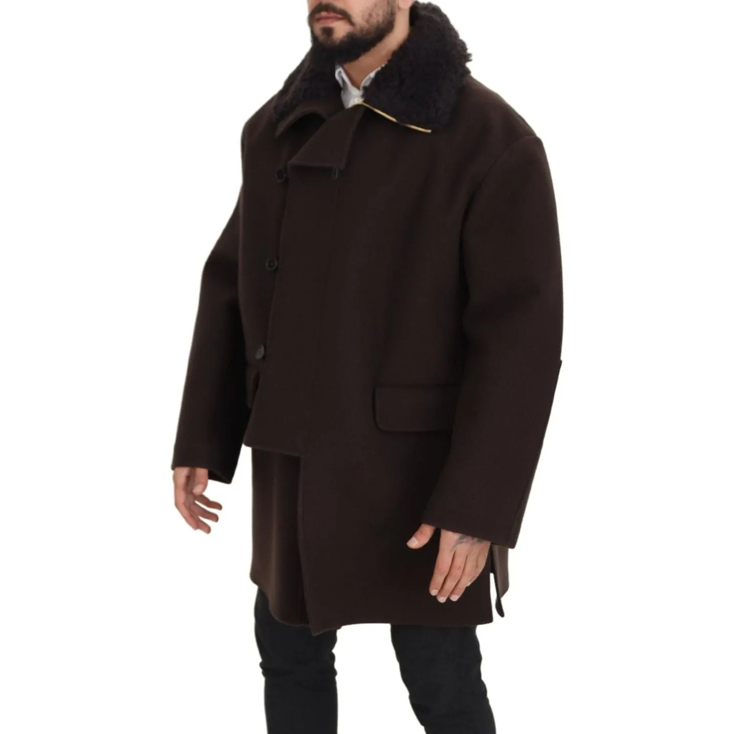 Dolce & Gabbana Elegant Dark Brown Shearling Coat Jacket