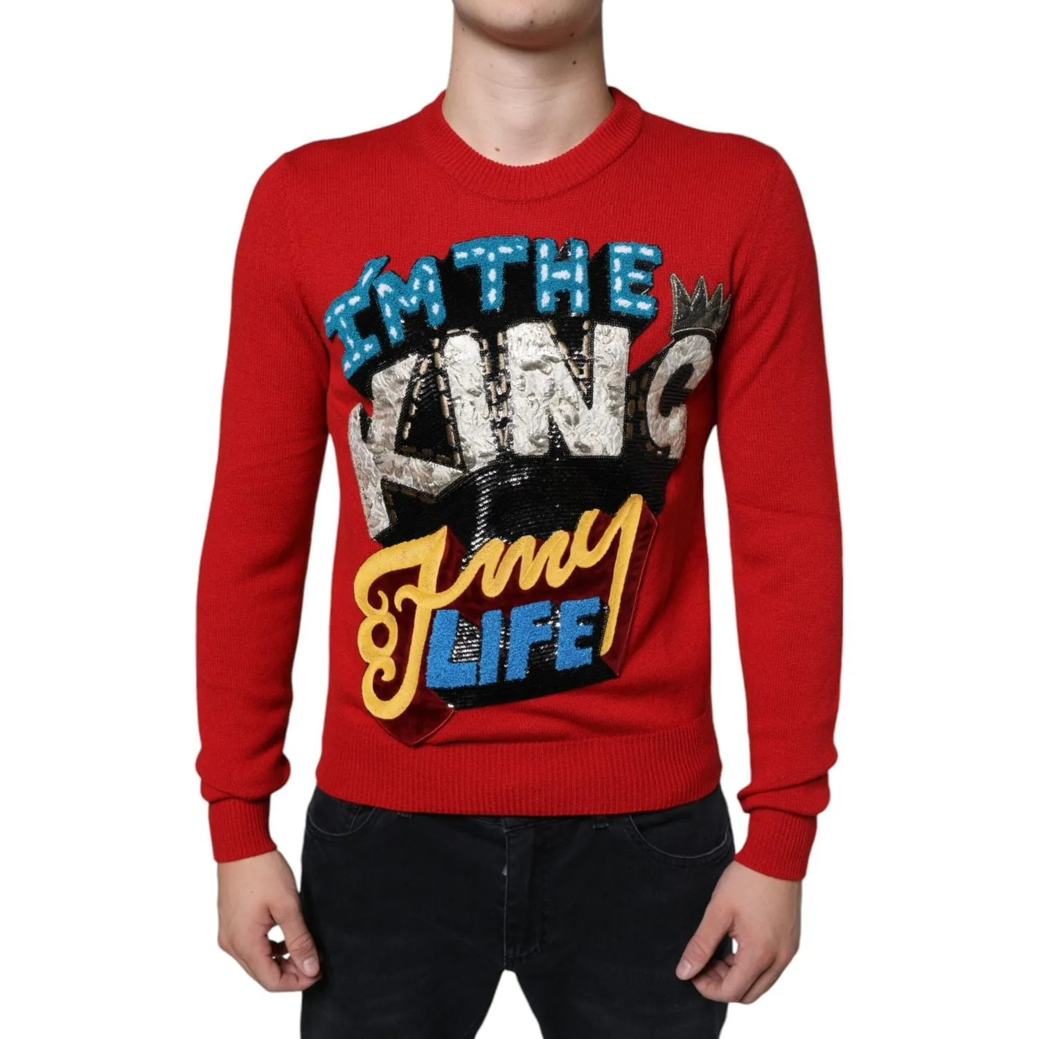 Dolce & Gabbana Red I'm The King Wool Crew Neck Sweatshirt Sweater