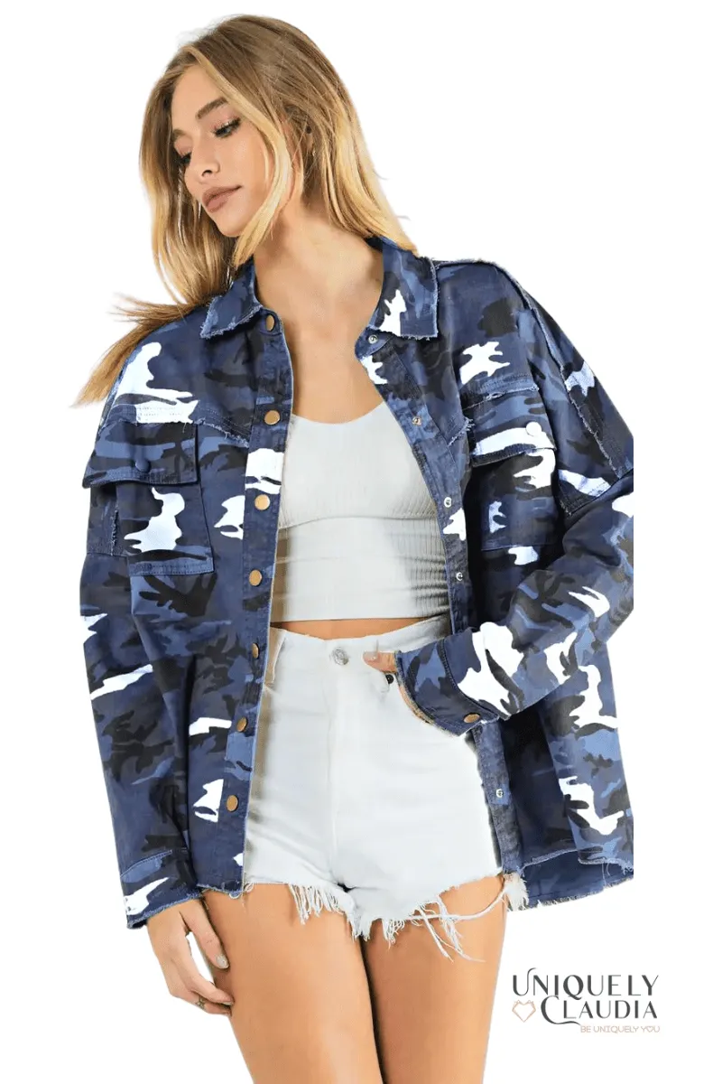 EDGY PLUS: Hallie Army Print Slate Blue Shacket