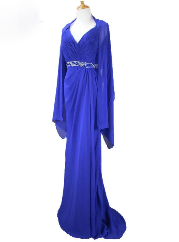 Elegant Open Back With Shawl V-neck Beaded Chiffon Royal Blue