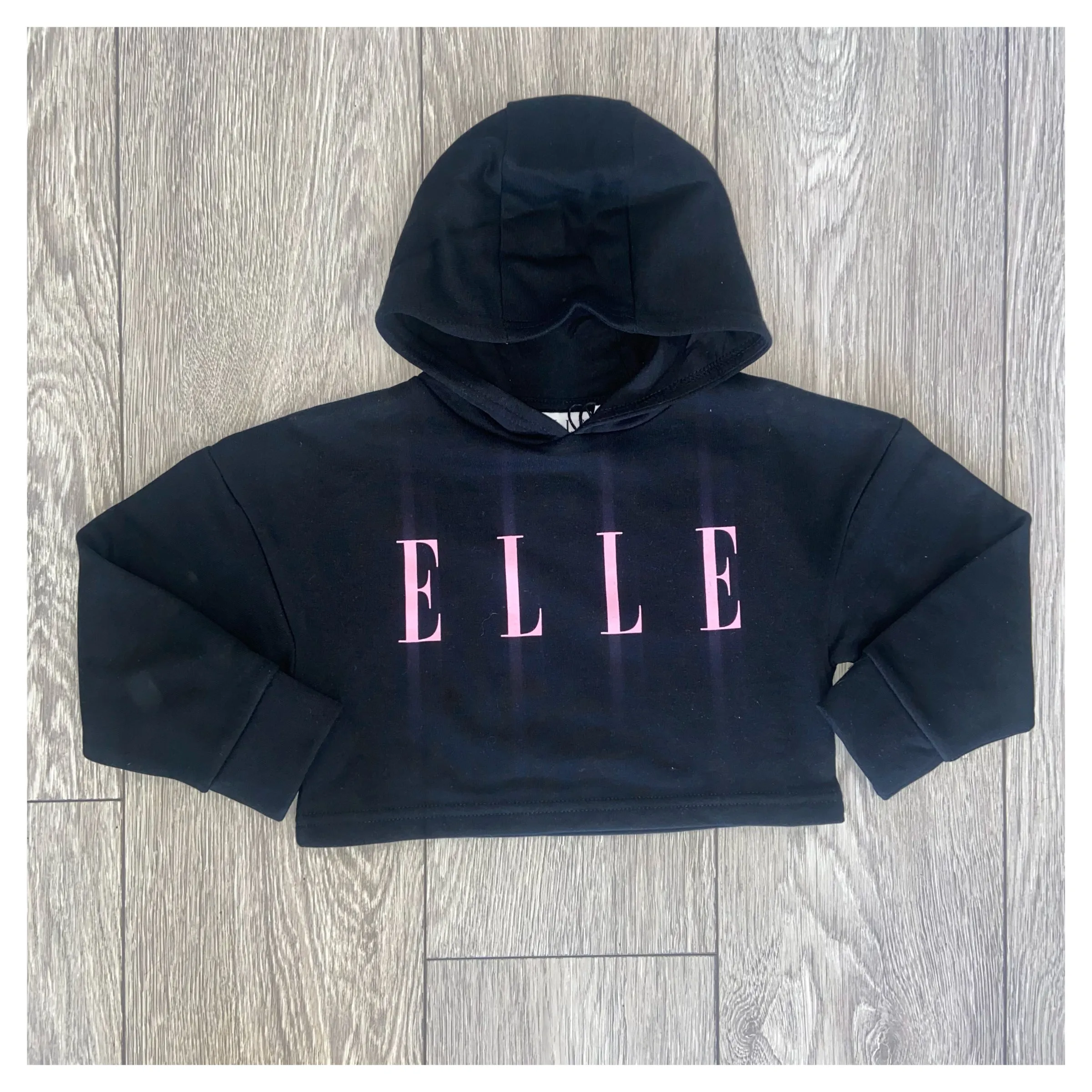 ELLE Black Cropped Hoodie With Pink Elle Logo