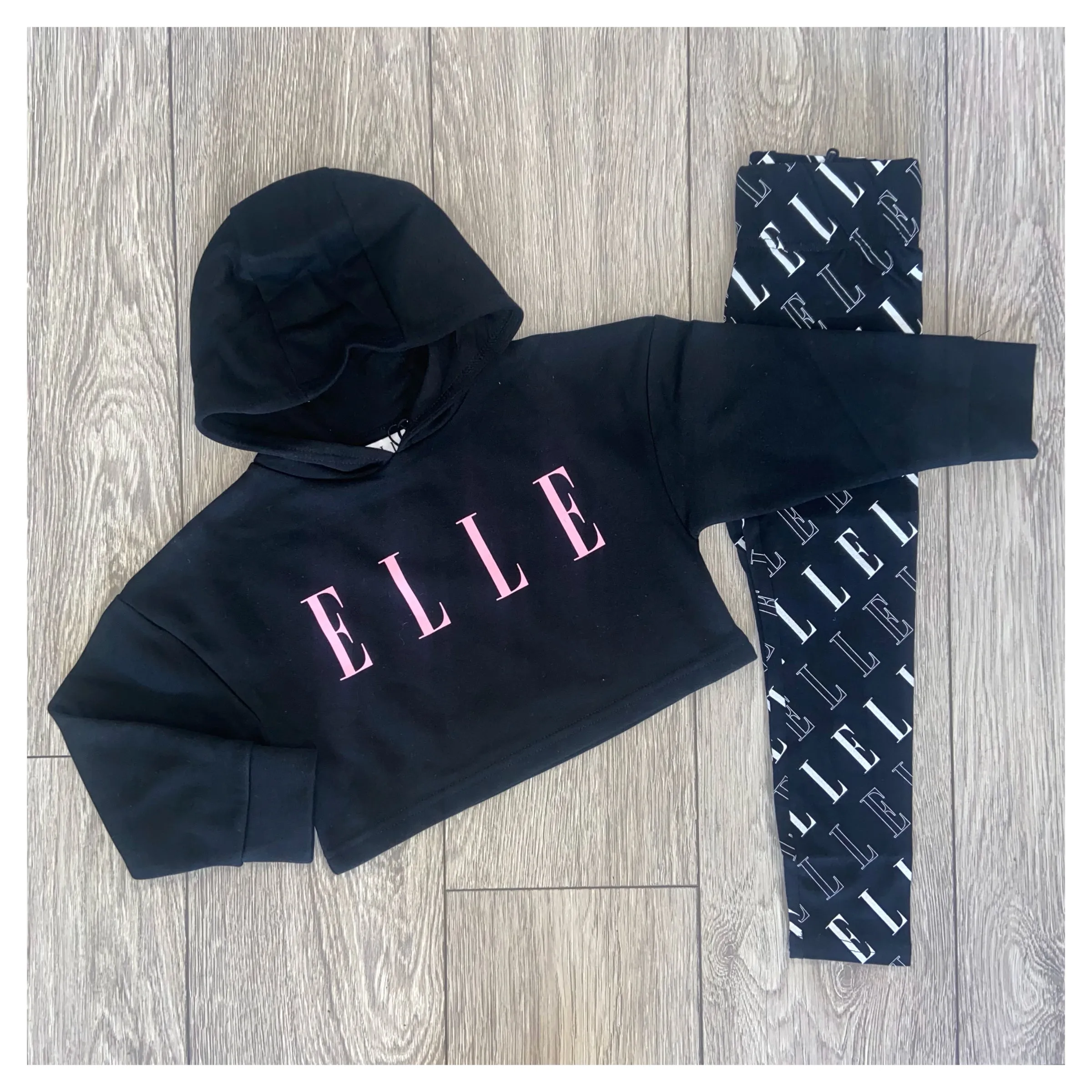 ELLE Black Cropped Hoodie With Pink Elle Logo