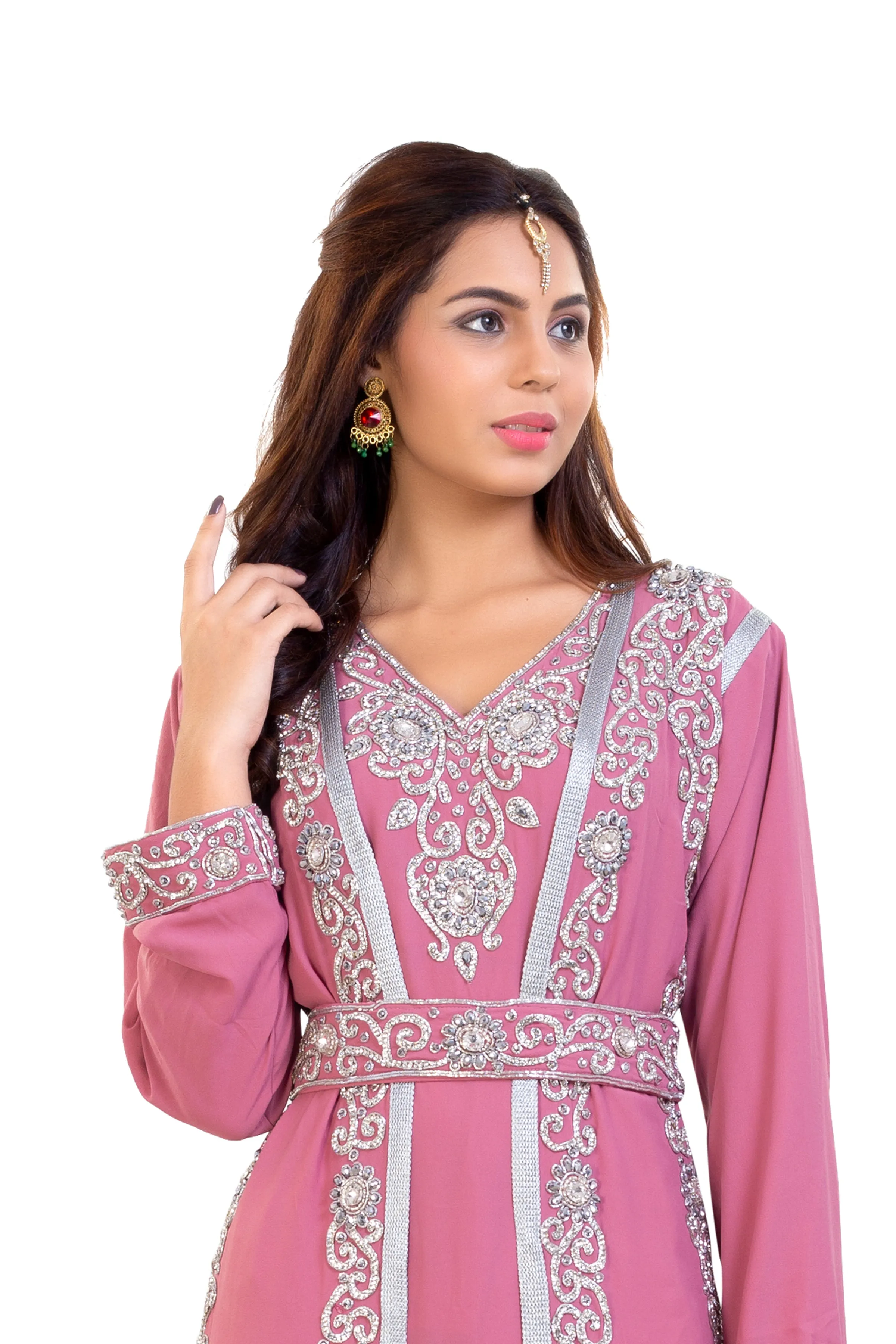 Embroidered Maxi Dress with Crystal Stones Beaded Dubai Kaftan