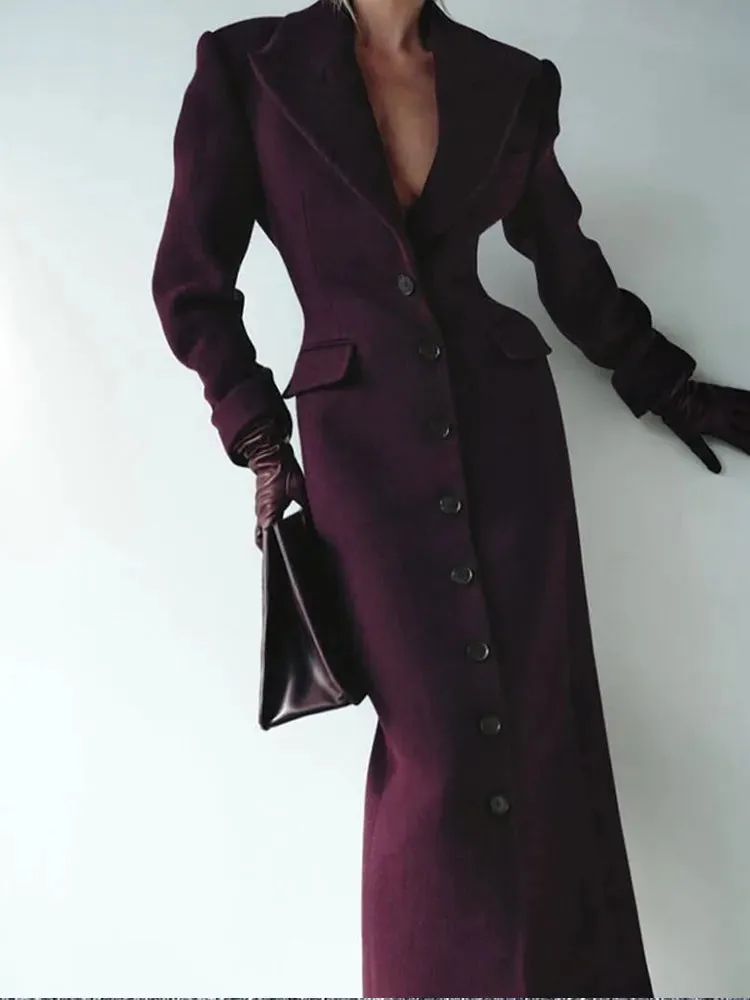 Fashionkova Christmas Gift Outfit  Fashion Burgundy Lapel High Waist Long Woolen Jacket Elegant Solid Color Full Sleeves Overcoat New Woman High Street Outerwear