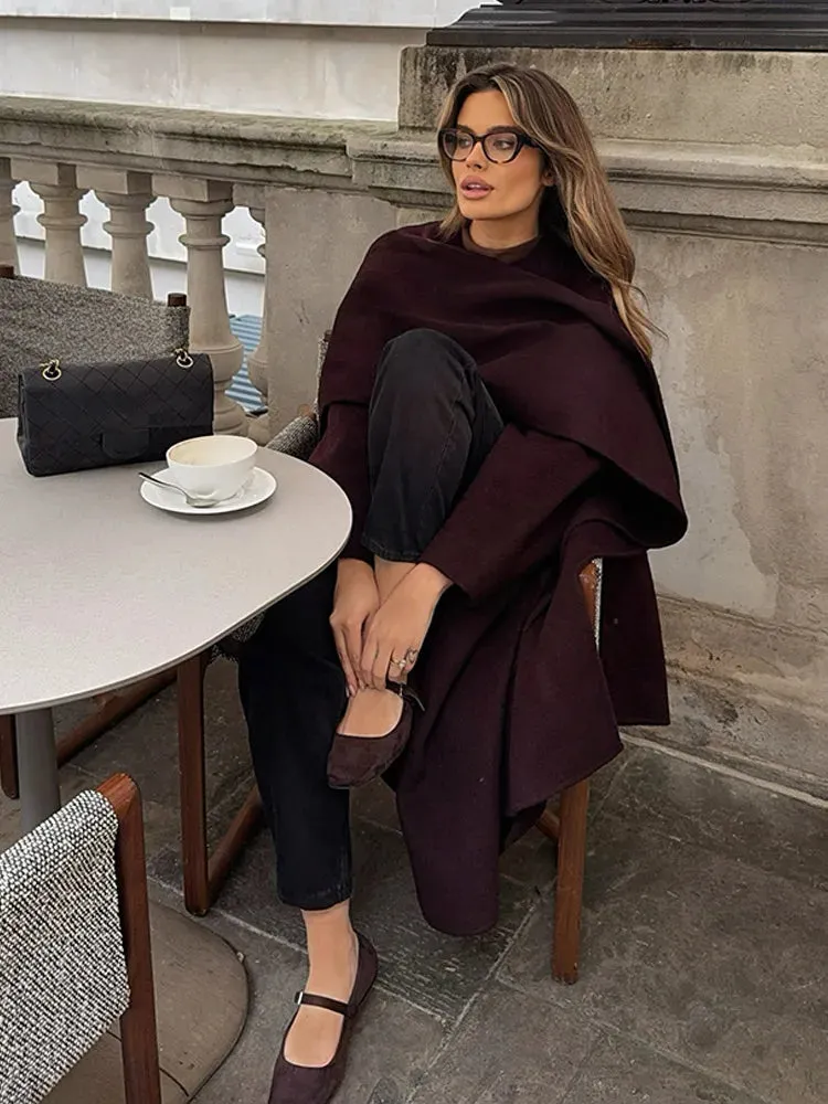 Fashionkova Christmas Gift Outfit  Fashion Burgundy Lapel High Waist Long Woolen Jacket Elegant Solid Color Full Sleeves Overcoat New Woman High Street Outerwear