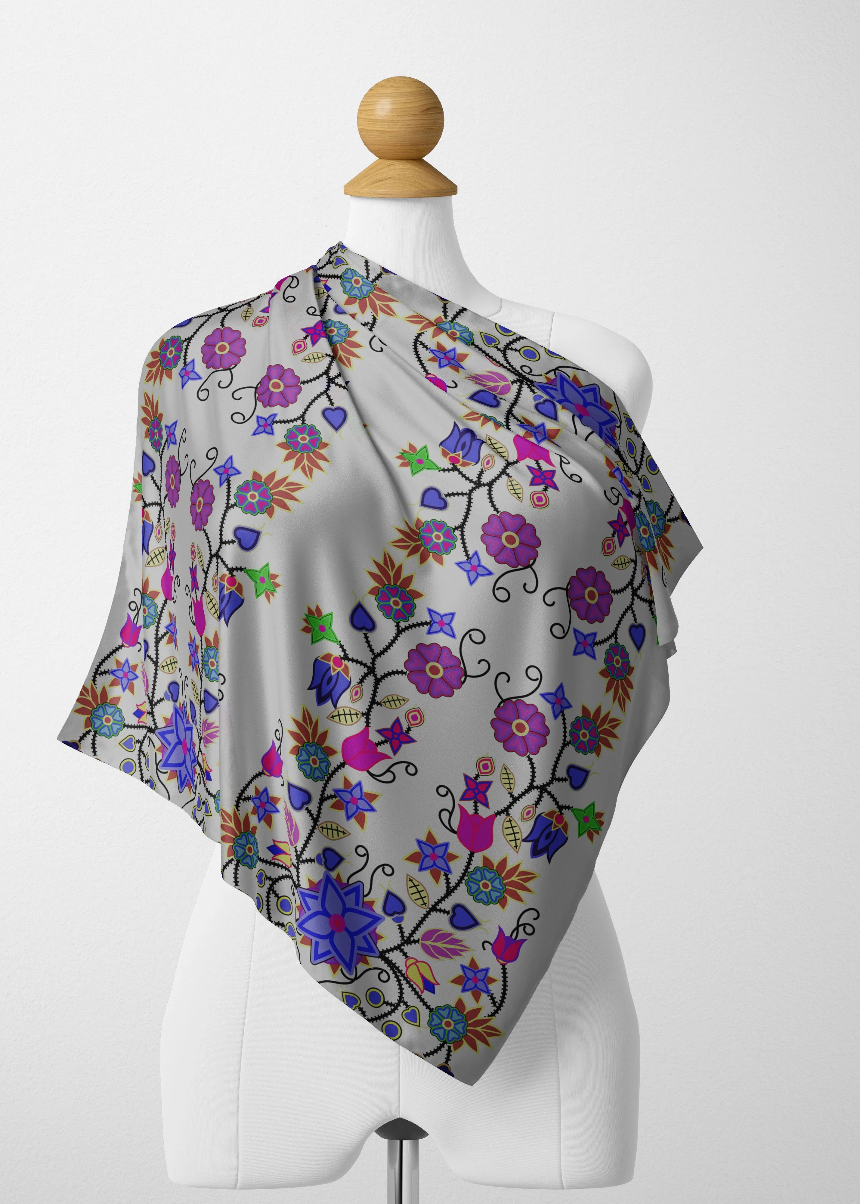 Floral Beadwork Seven Clans White Satin Shawl