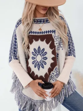 Fringe Geometric Long Sleeve Poncho