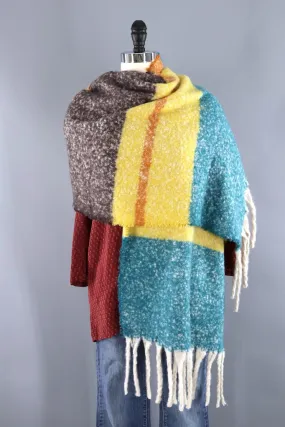 Fuzzy Wrap Shawl / Green & Yellow Stripes