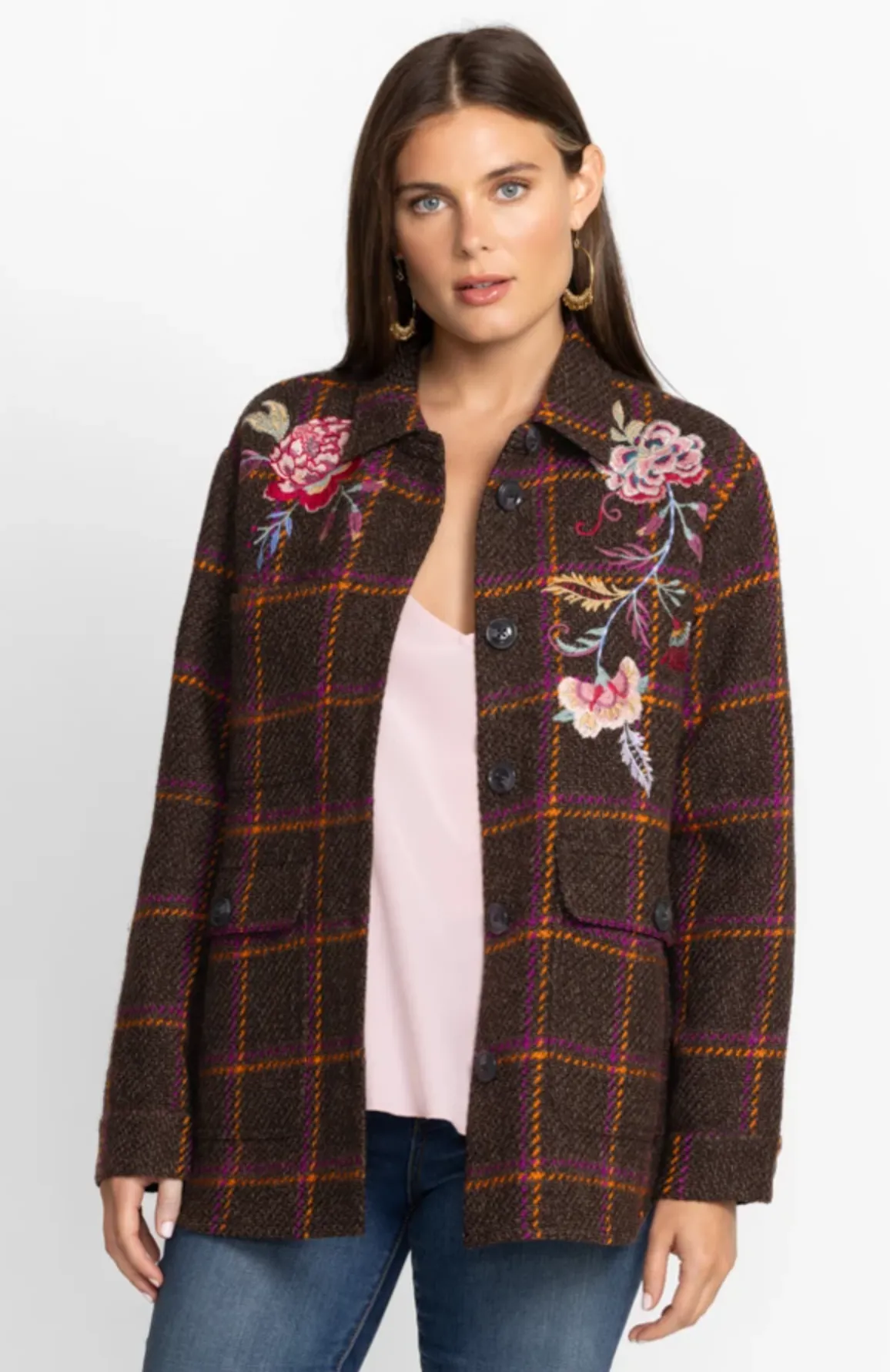 Garnet Plaid Embroidered Shirt Jacket