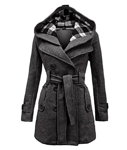 Geben Women's Winter Warm Fleece Check Hooded Double Breast Coat Jacket Medium Darkgrey