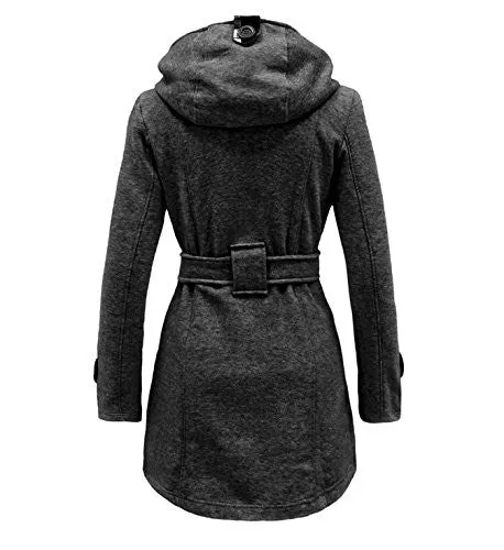 Geben Women's Winter Warm Fleece Check Hooded Double Breast Coat Jacket Medium Darkgrey