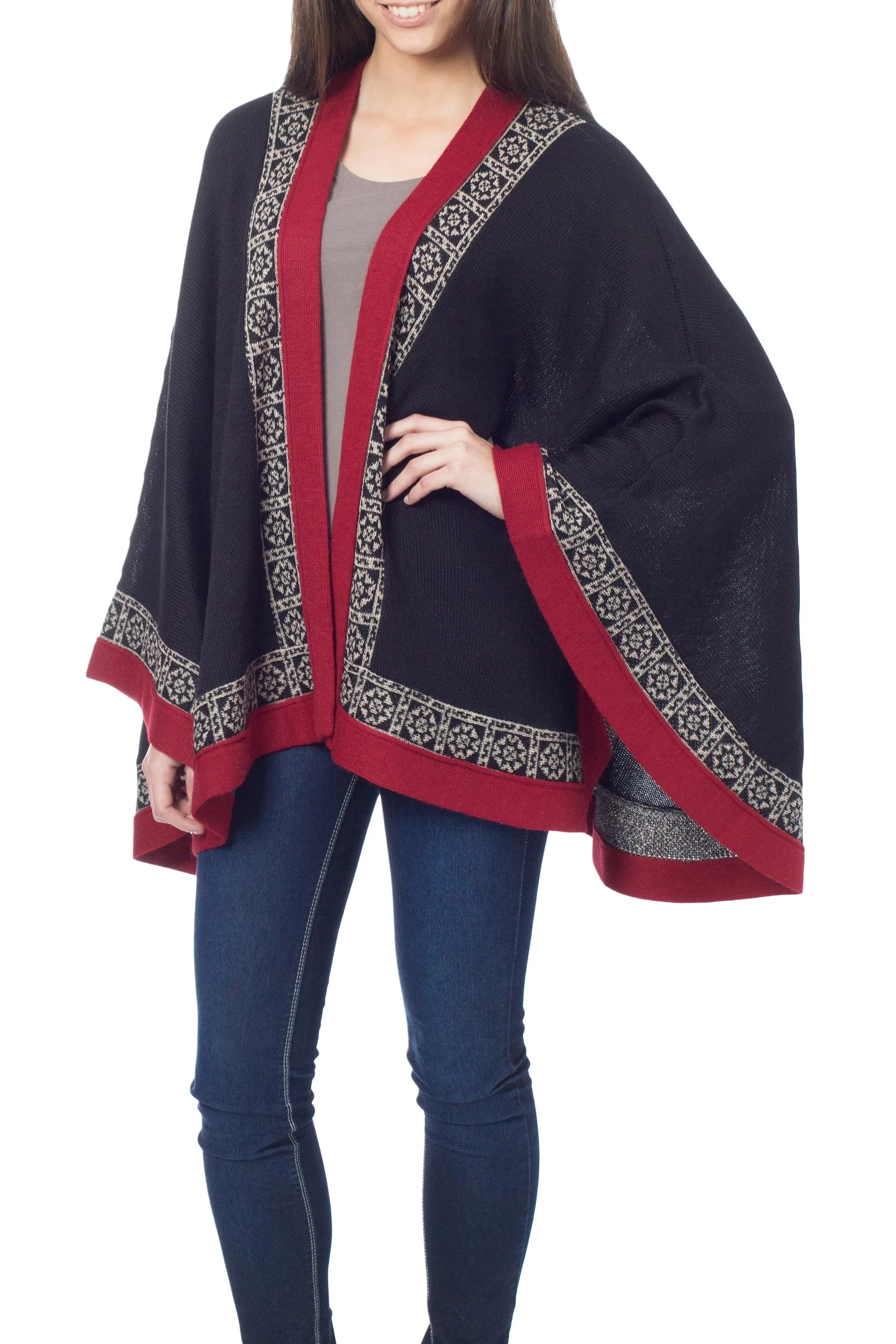 Genuine Alpaca Kimono-style Cape in Black and Red from Peru - Baroque Andes | NOVICA