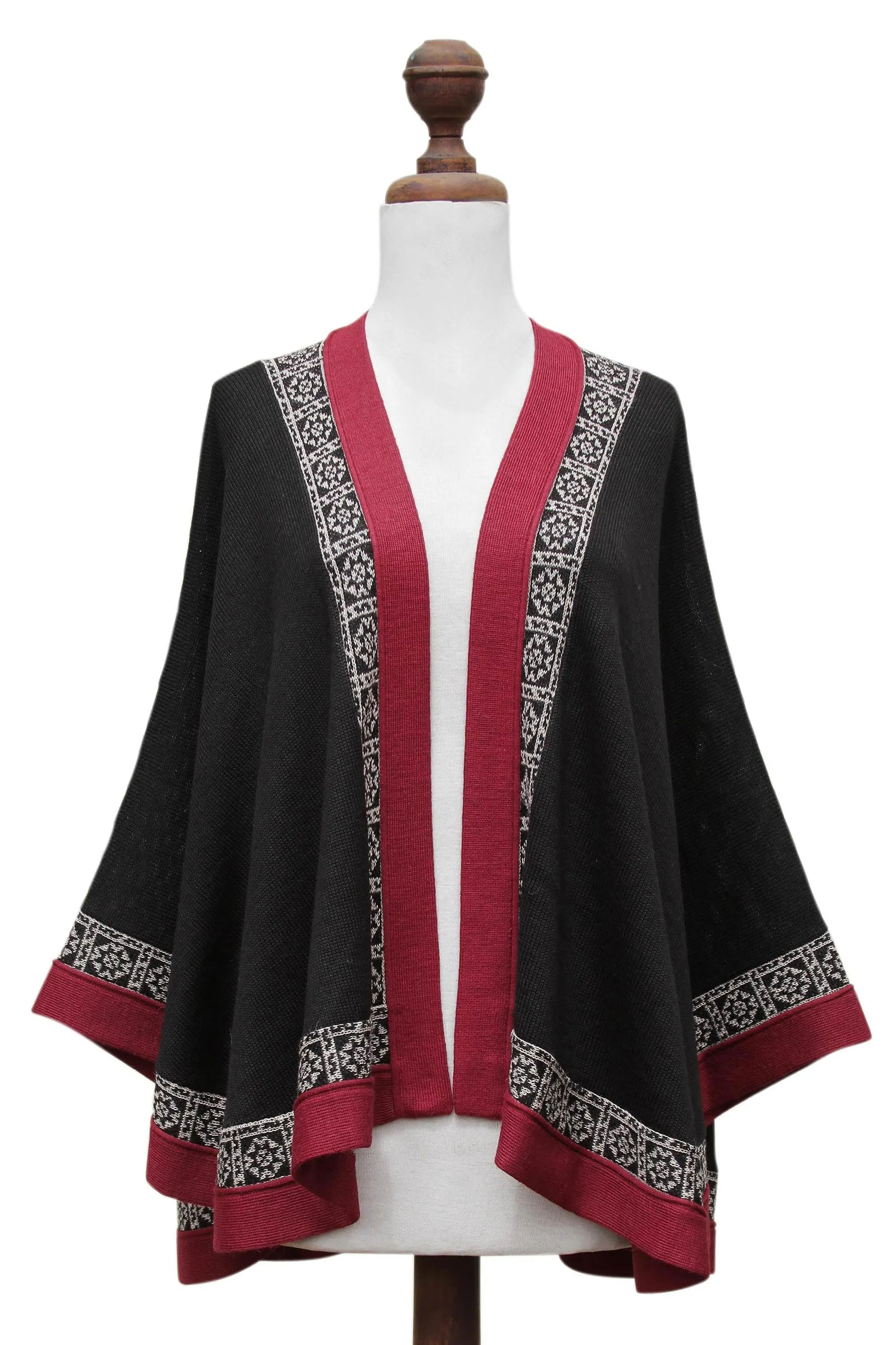 Genuine Alpaca Kimono-style Cape in Black and Red from Peru - Baroque Andes | NOVICA