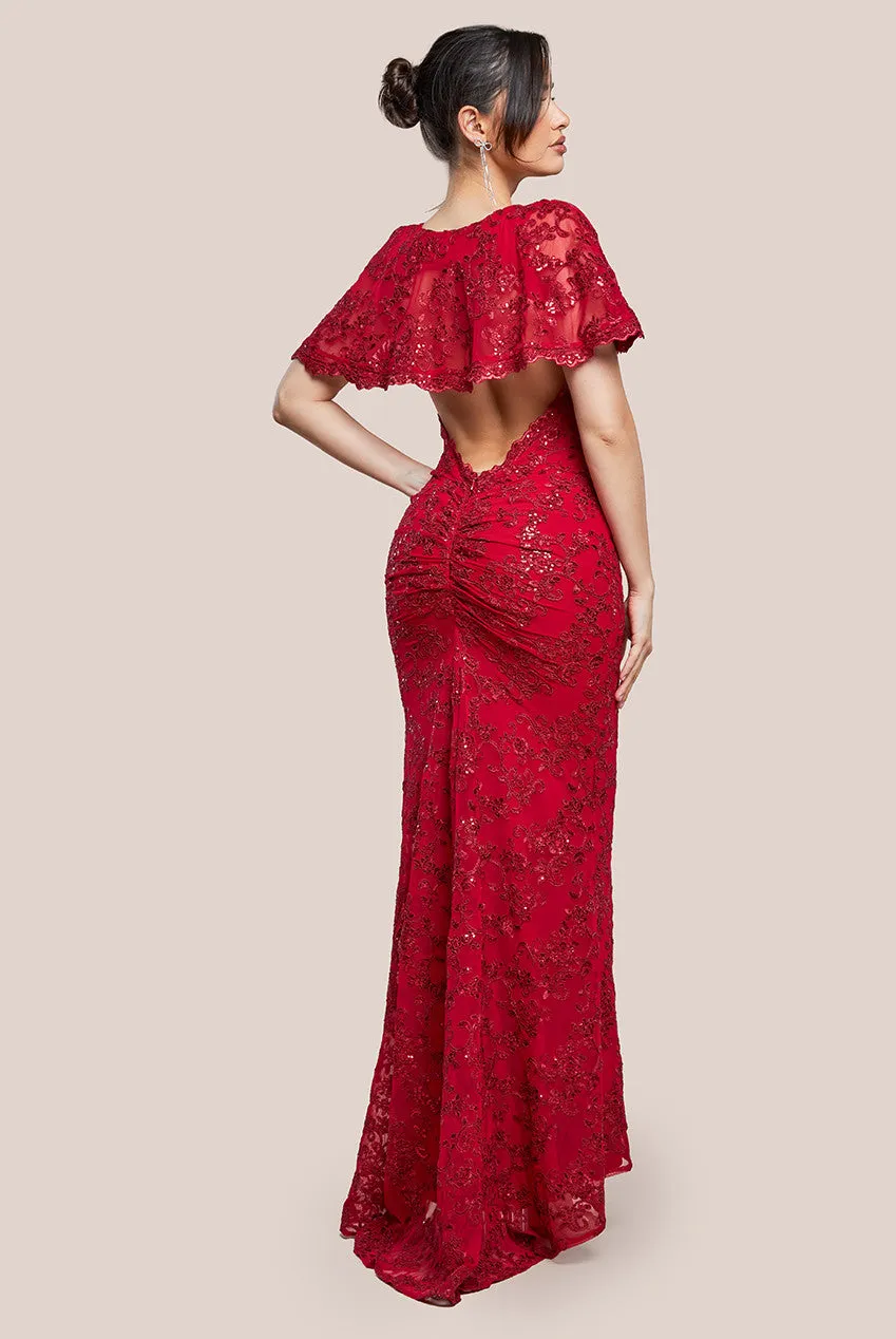 Goddiva Scalloped Cape Open Back Lace & Sequin Maxi Dress - Red