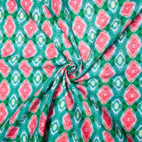 Green & Pink Handblock Print Mulmul Fabric