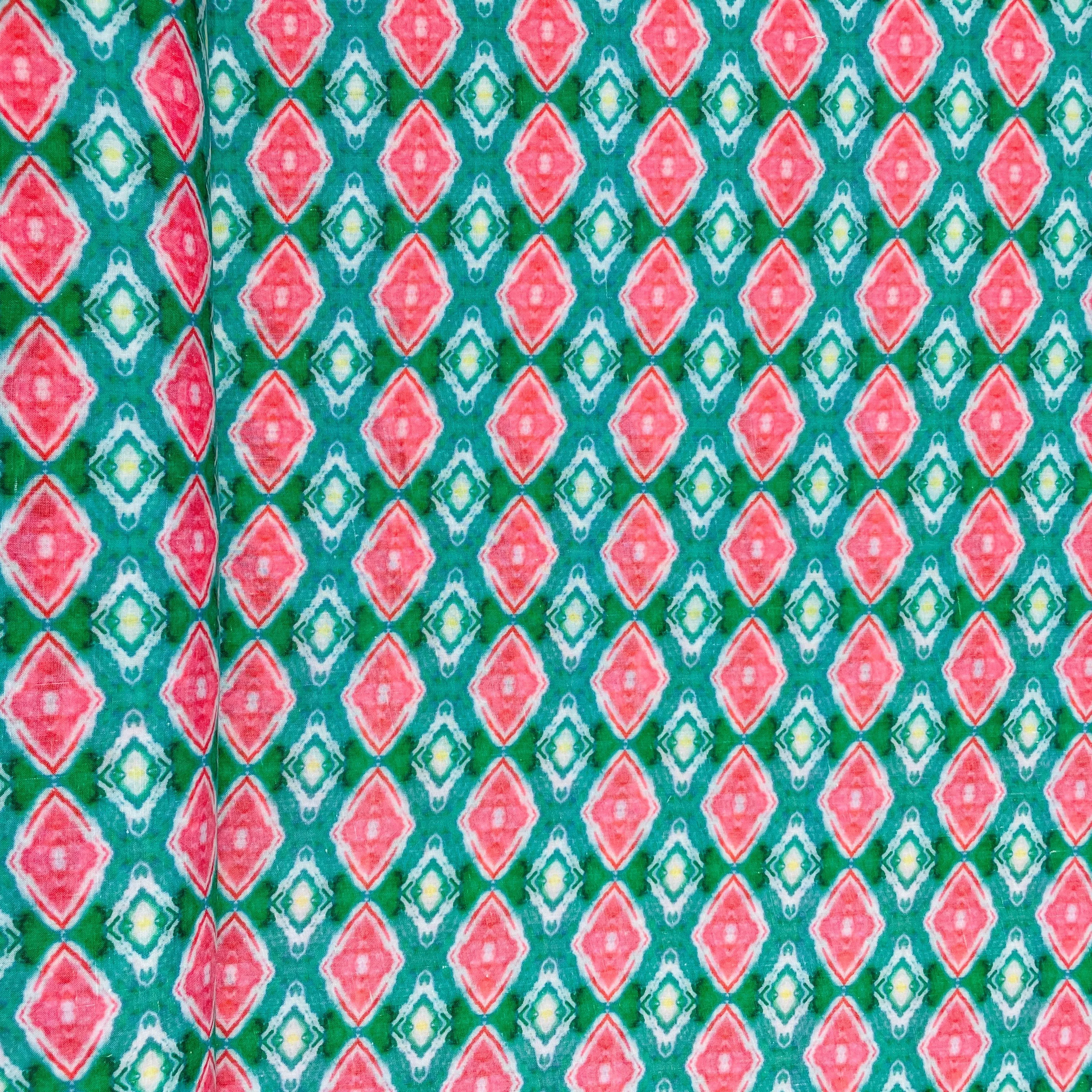 Green & Pink Handblock Print Mulmul Fabric