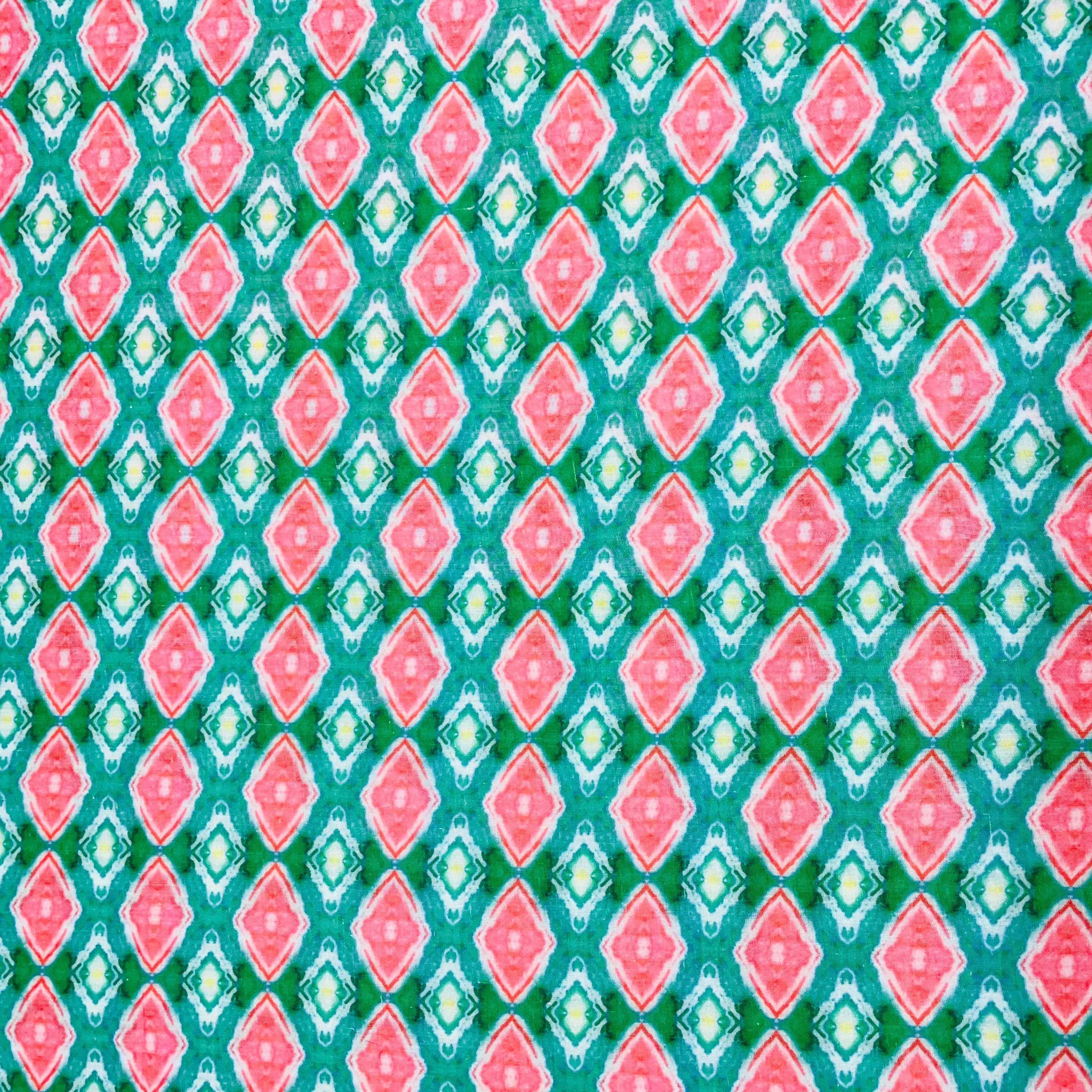 Green & Pink Handblock Print Mulmul Fabric