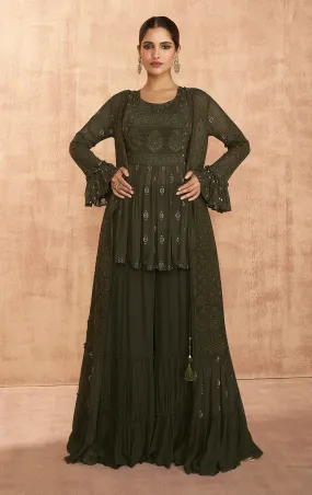 Green Crop Top 3 Piece Georgette Indo-Western Palazzo Suit