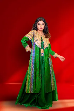 Green Embroidered Organza Silk Cape Set