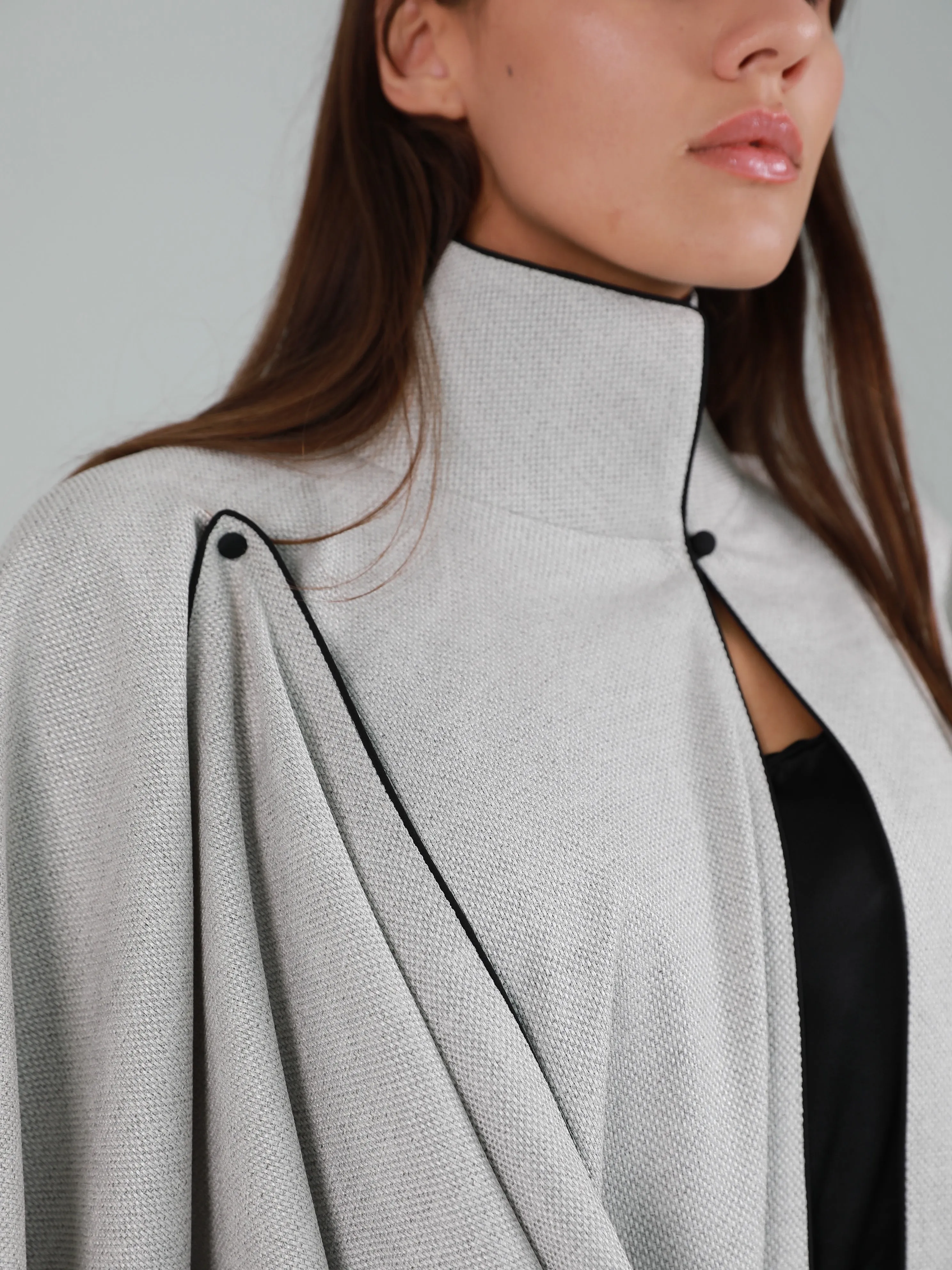 High Mandarin Collar Asymmetric Cape - Grey