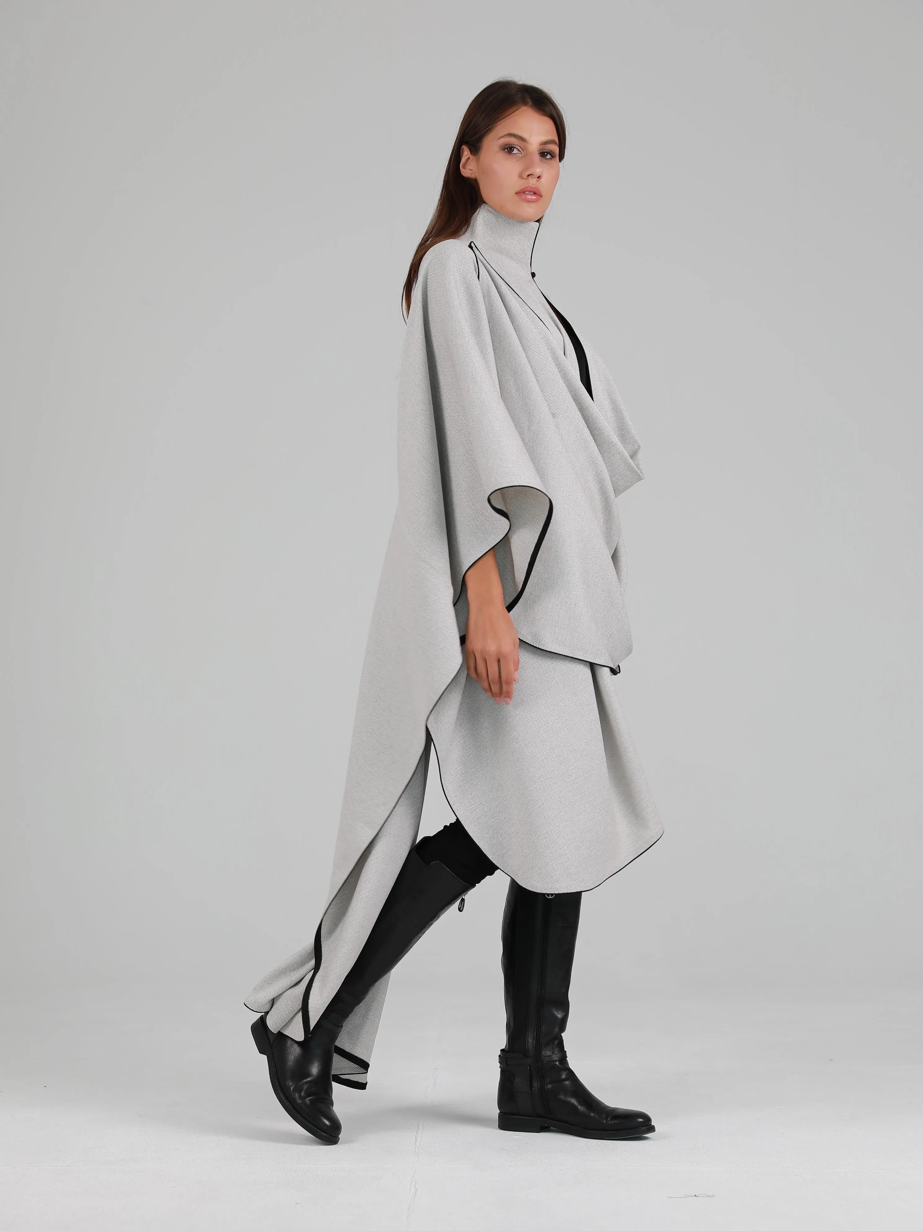 High Mandarin Collar Asymmetric Cape - Grey