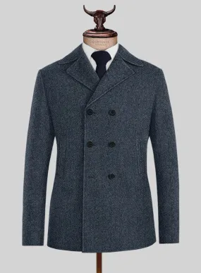 Highlander Heavy Blue Herringbone Tweed Pea Coat