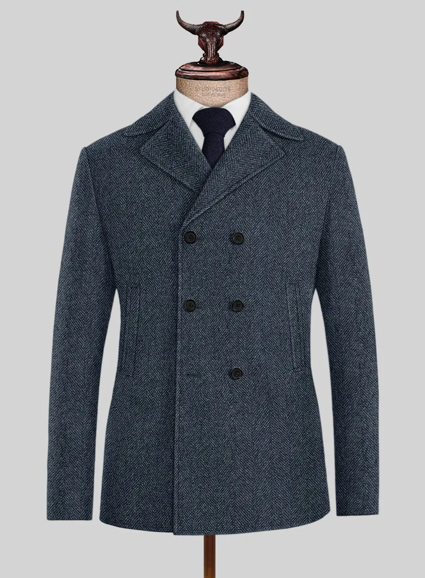 Highlander Heavy Blue Herringbone Tweed Pea Coat