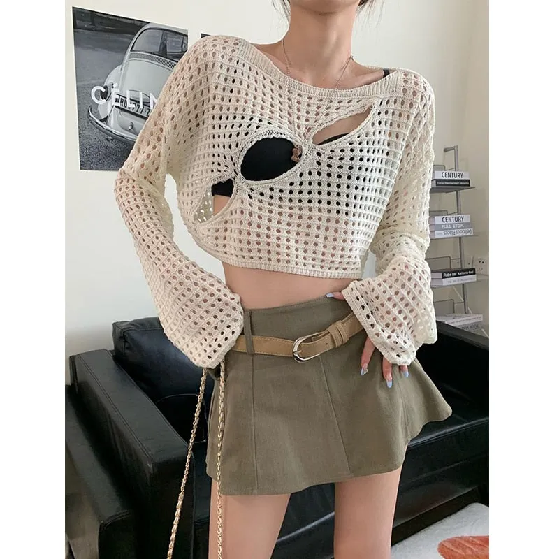 Hollowed Out Fishnet Mesh Knitted Top